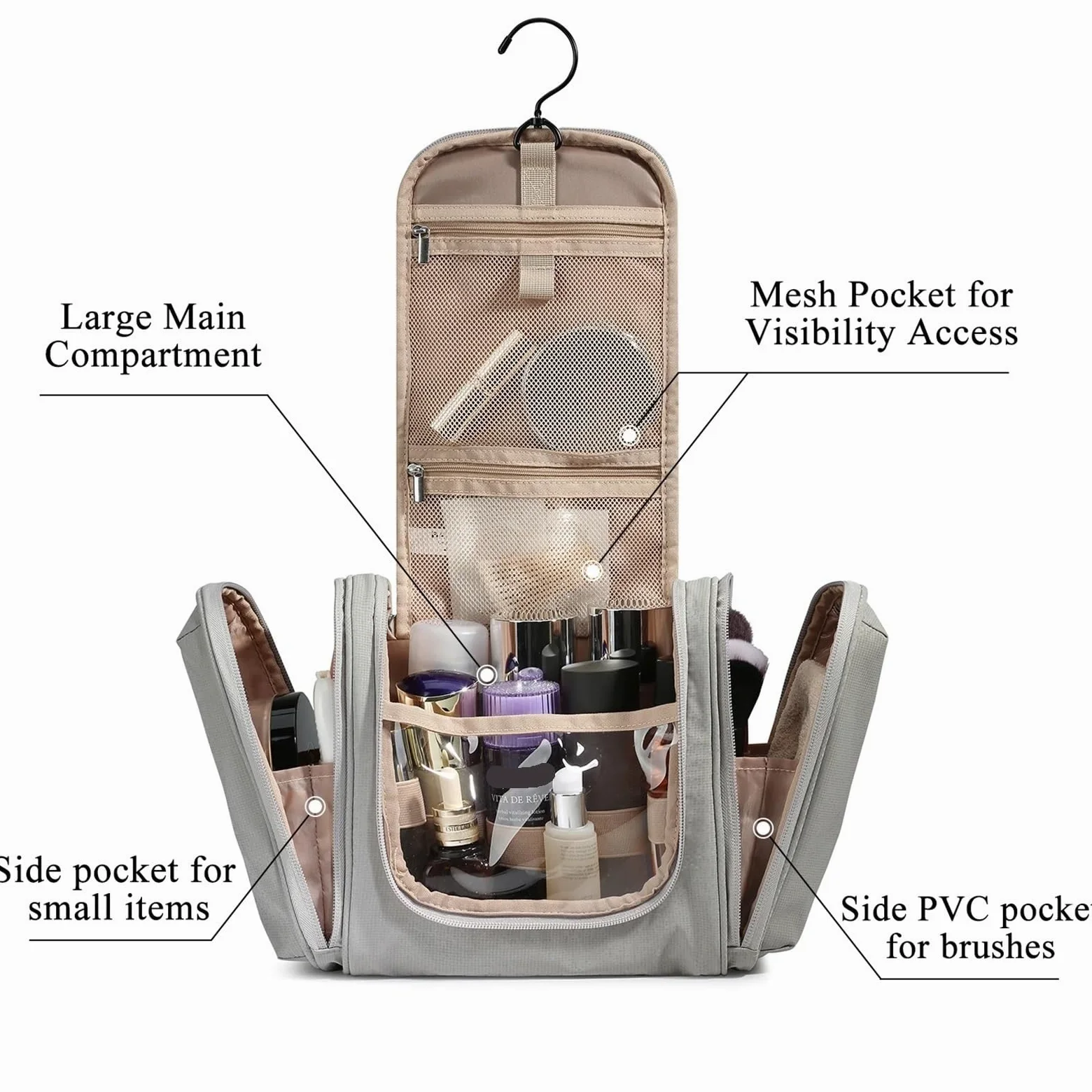Neceser Bolsas de Viaje Colgantes, Nuevo Organizador de Maquillaje Transparente Impermeable, Gran Capacidad, Neceser cosmético, Estuche organizadores(Black,L)