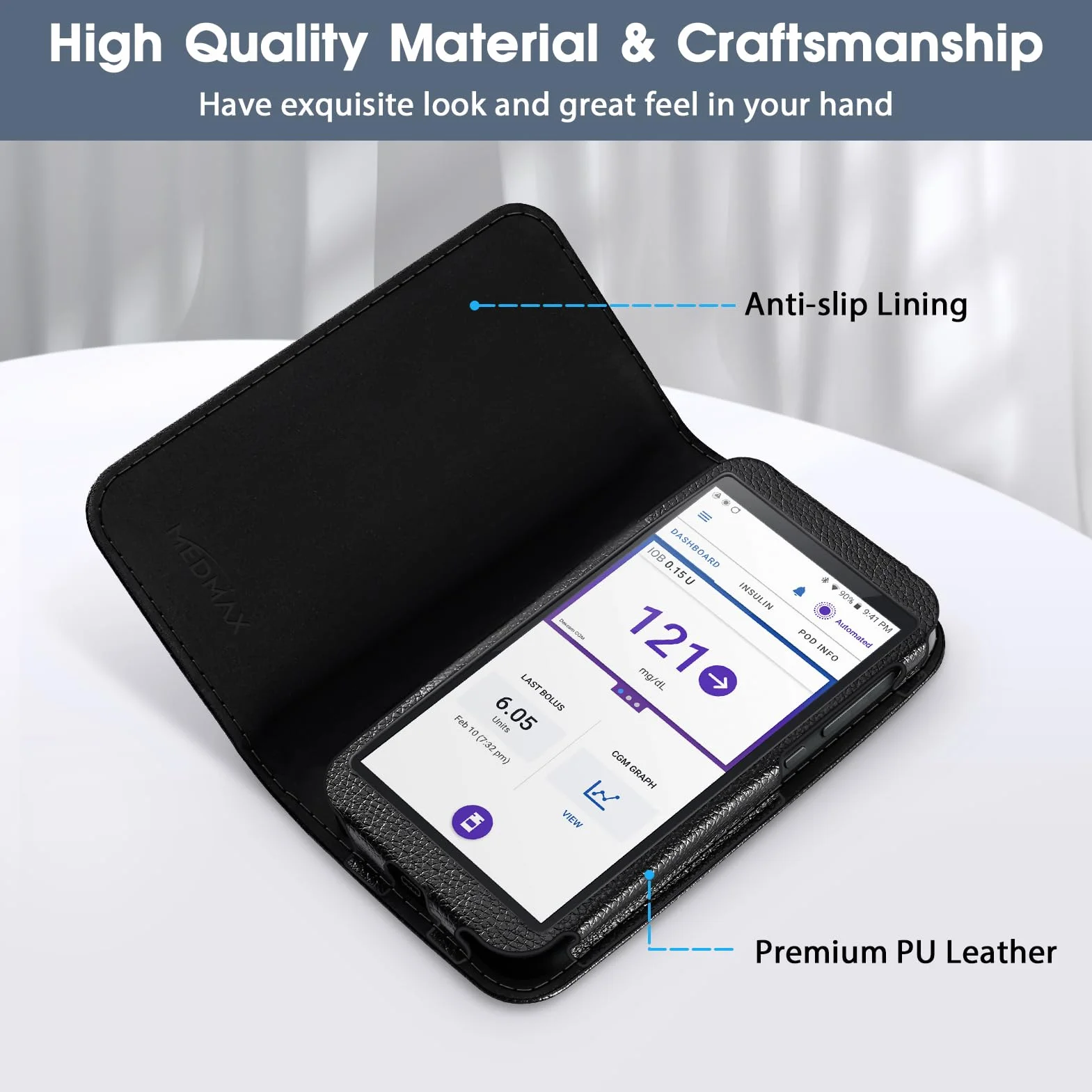 MEDMAX Funda Omnipod 5 Cuero PU Estuche Transporte Diabético Almacenamiento Negro