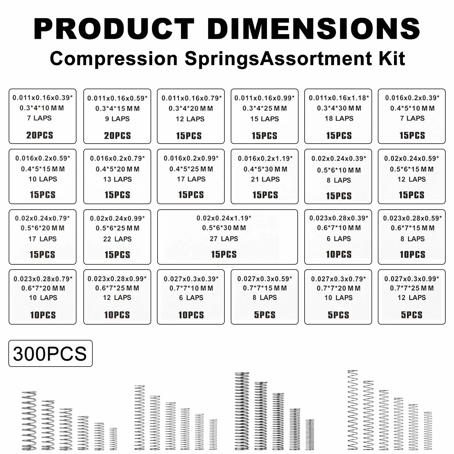 Kit Muelles de Compresion Acero Inoxidable 304 300 Piezas 23 Tamaños Resorte Comprimido