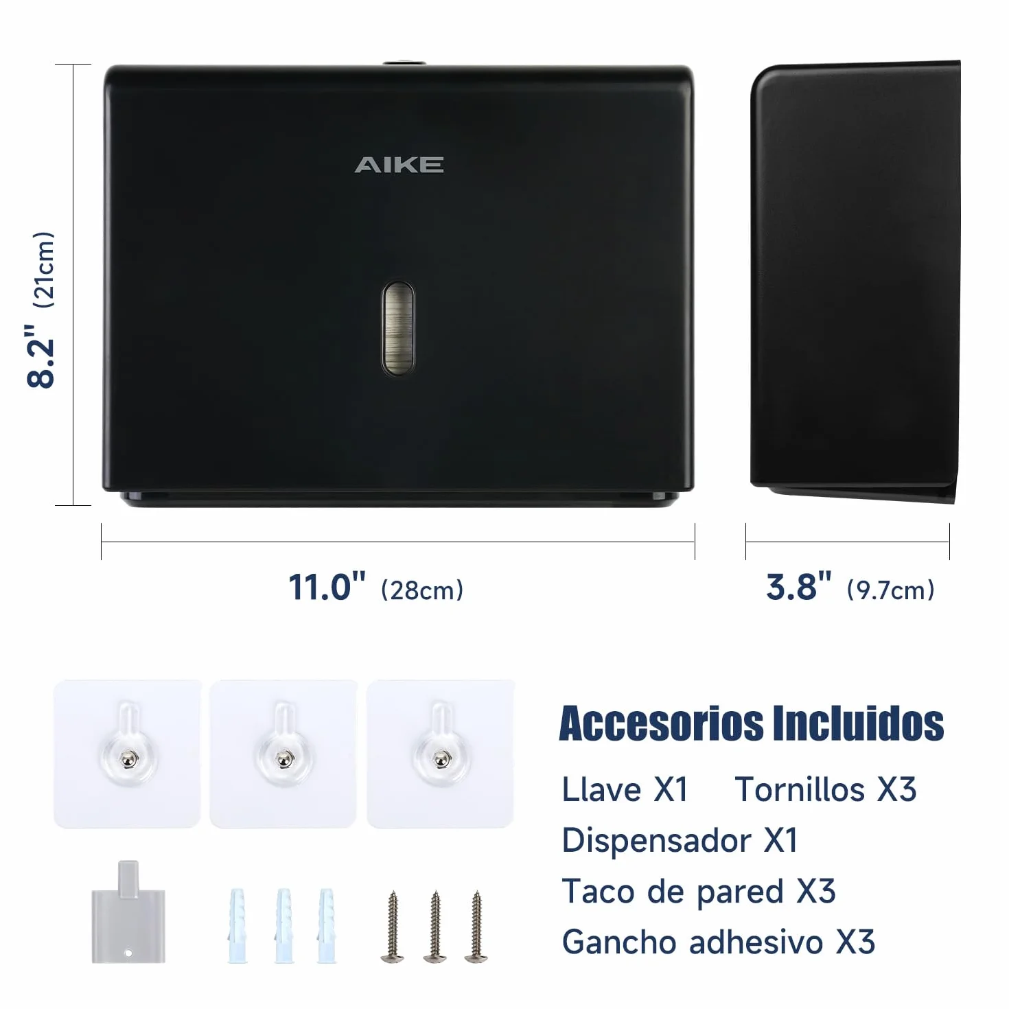 AIKE Dispensador Papel Secamano Pared 200+ Hojas Pliegue Z Toallas Multifold 25.4x7.8 cm Negro AK5102