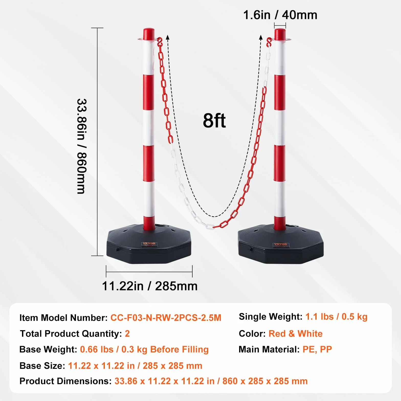 VEVOR Poste de Tráfico 2 Piezas, Cono Altura Ajustable con Cadena 2,4 m, Rojo y Blanco
