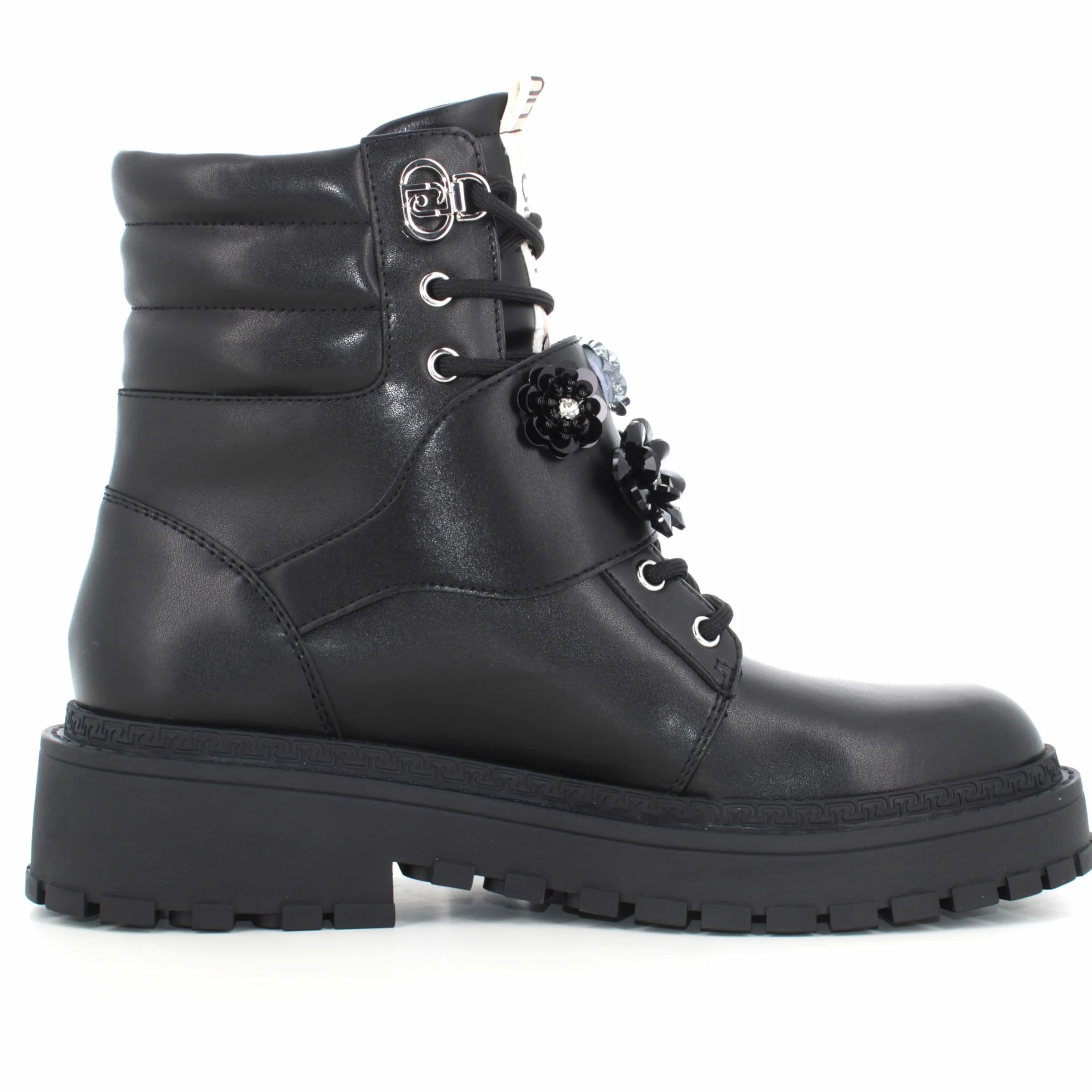 Liu Jo Botas Militares con Flores de Cristal, Negro, Cuero, Suela de Goma, Estilo Combat (Negro, Mediano, Sistema tallas calzado EU, Adulto, Números, mediano, 39)