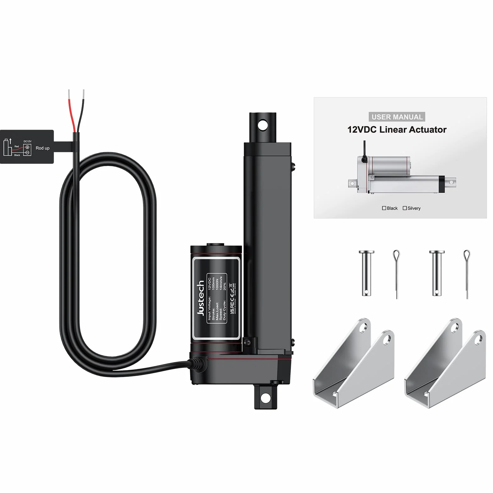 Justech Actuador Lineal 1000N 100mm 12V IP65 Aleación de Aluminio
