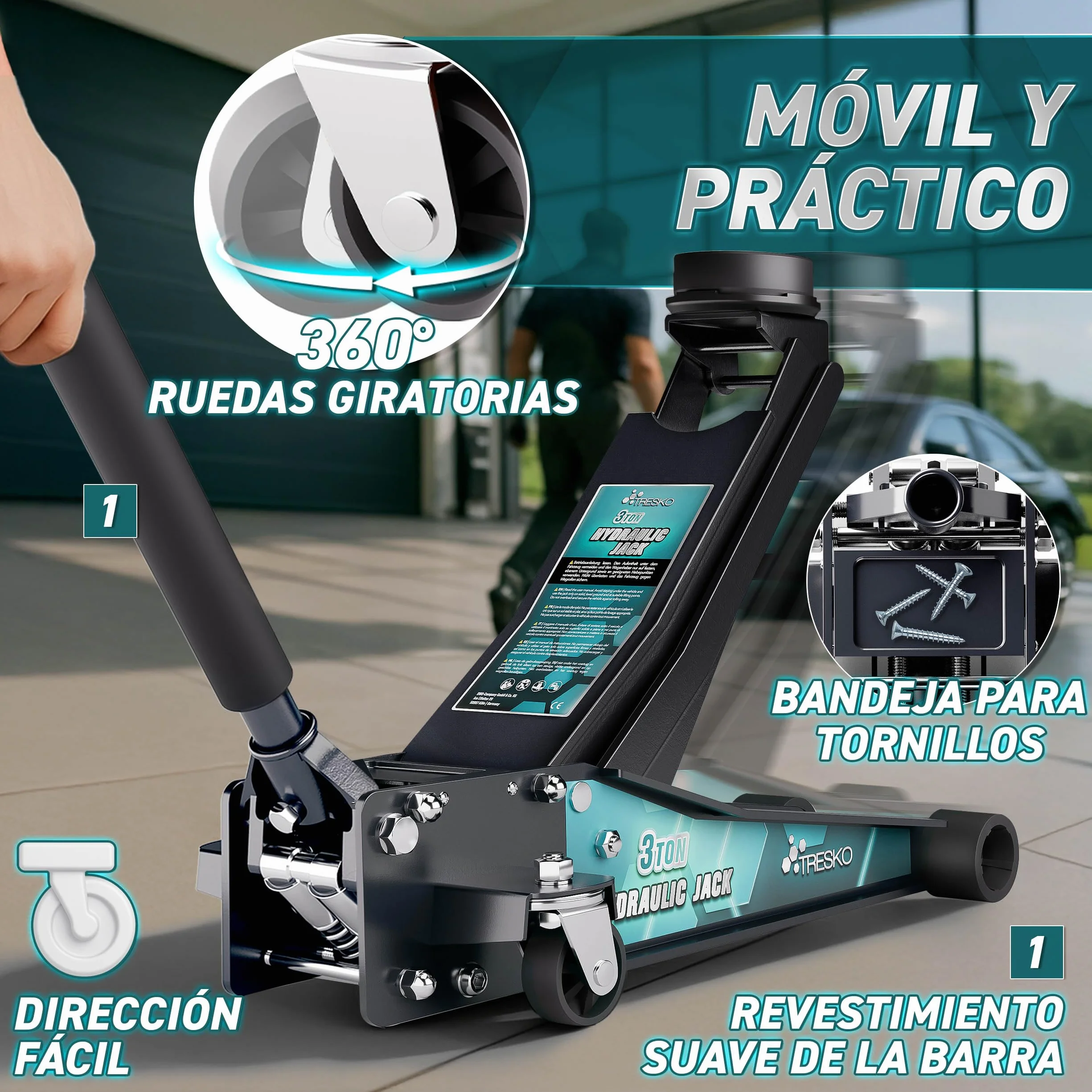 TRESKO gato hidráulico 3T 75-510mm doble pistón ruedas 360°