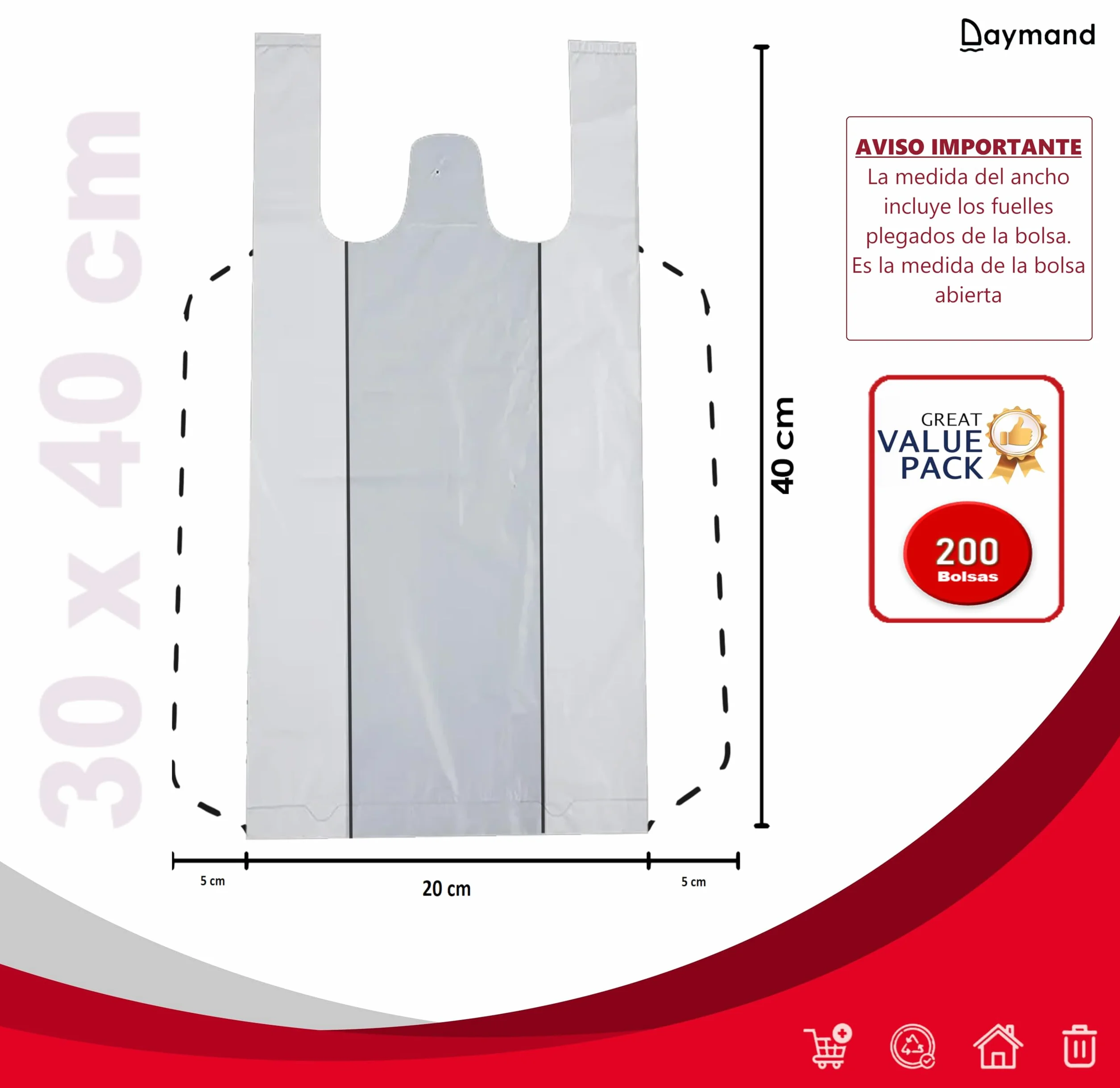 Bolsas Plastico con Asas 200 Unidades 30x40 cm Tipo Camiseta