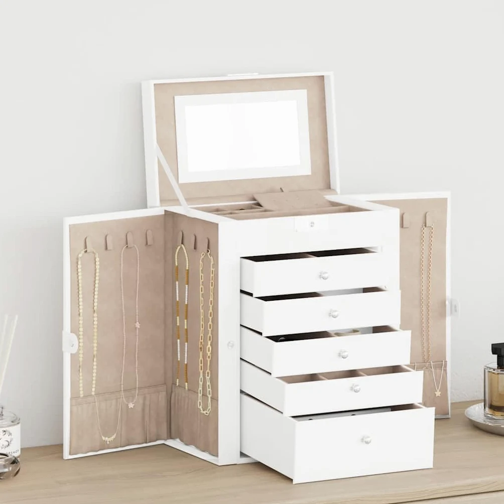 Joyero de 6 capas blanco con espejo y forro interior de terciopelo, se puede cerrar, 26 x 15,5 x 32 cm, con soporte para pendientes, caja de reloj, soporte para cadena, organizador para