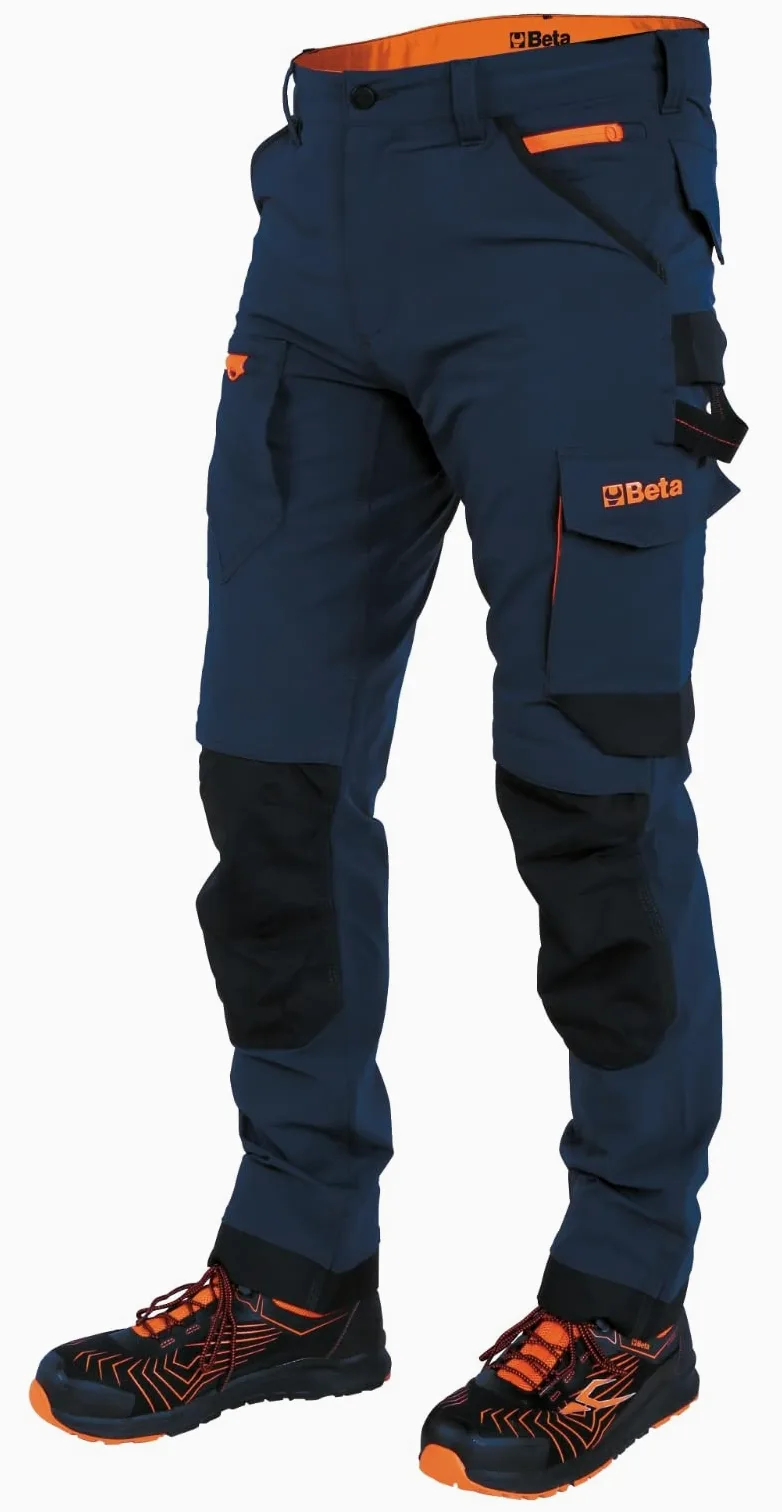 BETA 7650B S - Pantalones de Trabajo Multibolsillos elásticos de Nailon con Entrepierna antidesgarro, Cintura Alta, Bolsillos para Rodilleras, Bolsillos Traseros y Fondo Pierna Reforzados - Azul,