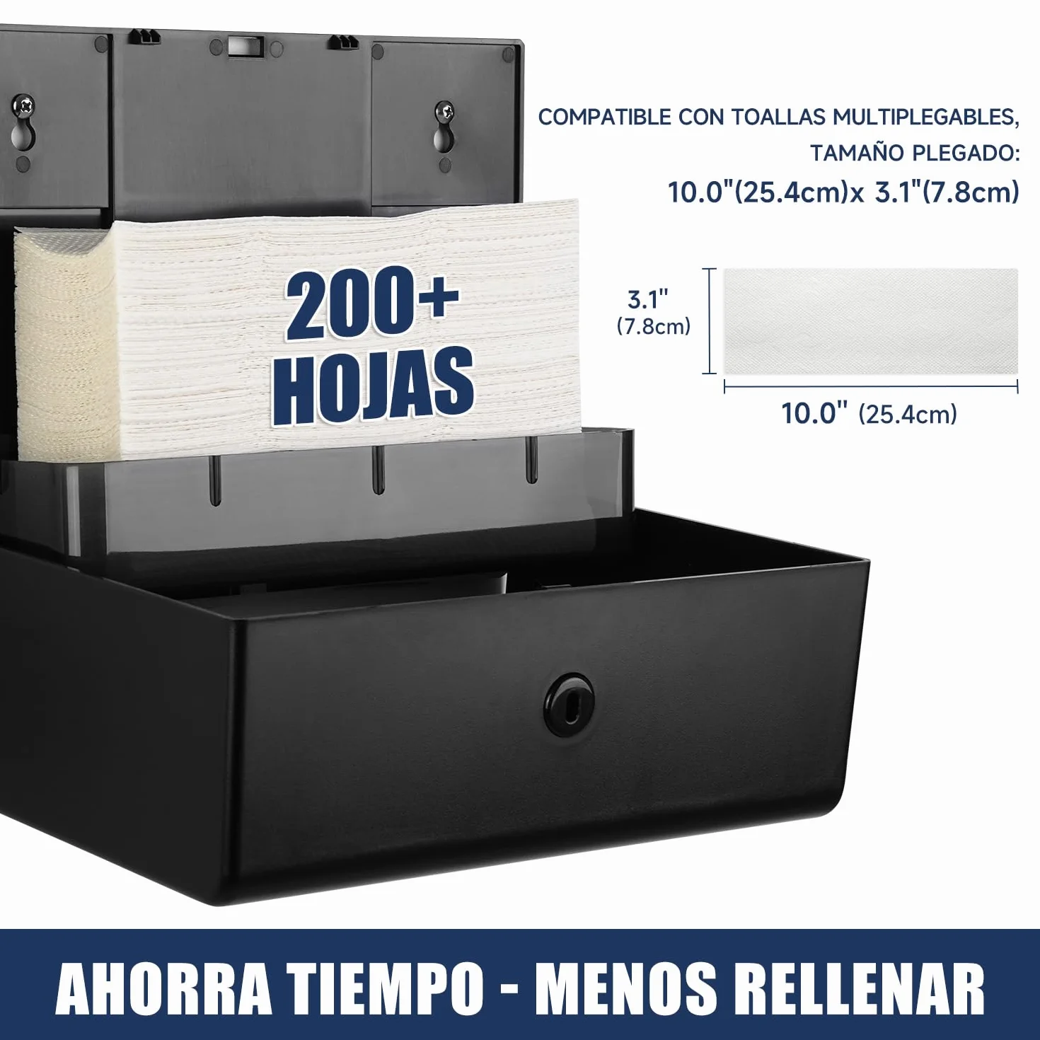AIKE Dispensador Papel Secamano Pared 200+ Hojas Pliegue Z Toallas Multifold 25.4x7.8 cm Negro AK5102