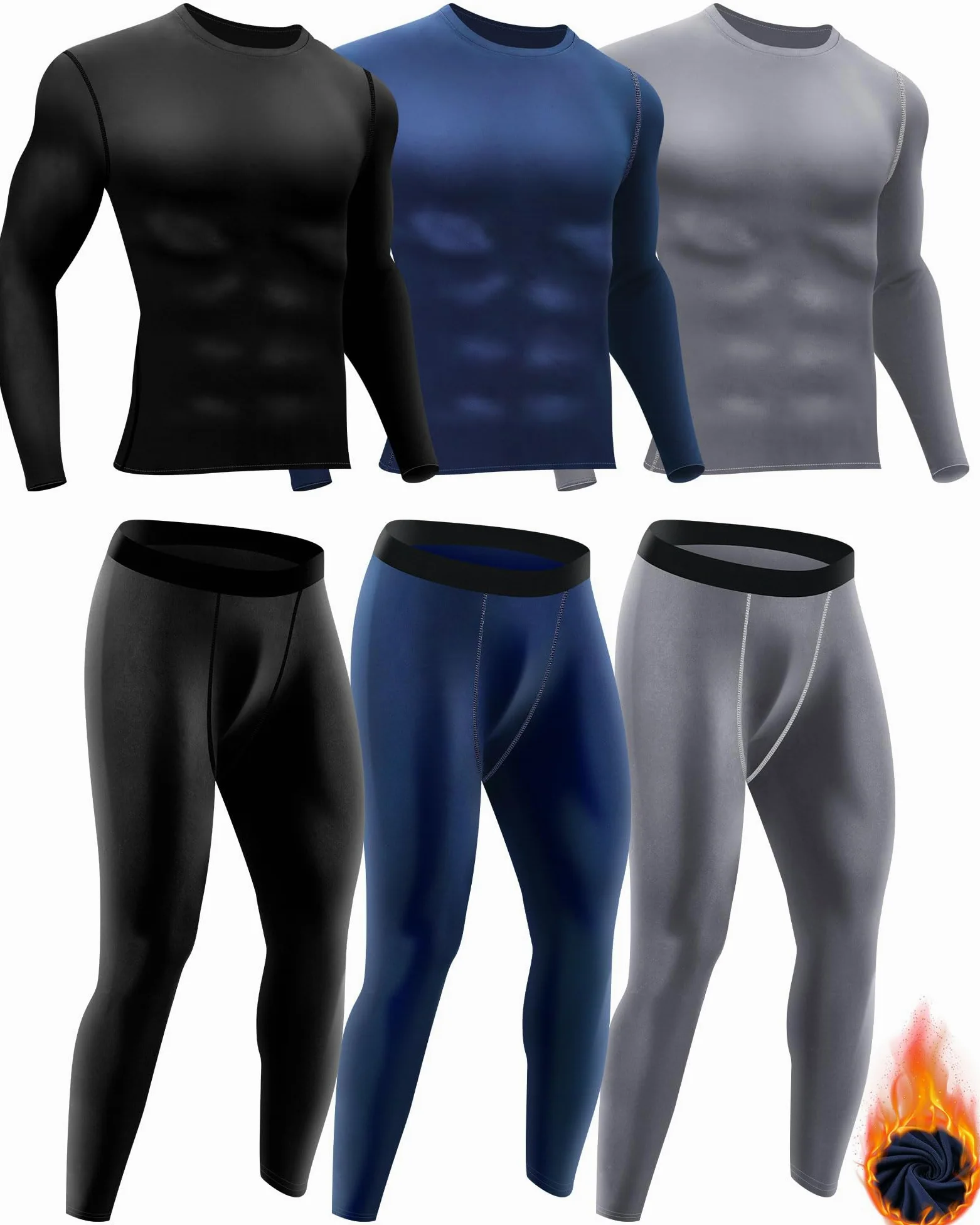 Juego de 3 ropa interior térmica de invierno para hombre, pantalones largos, capa base para hombre, clima frío, forro polar, parte superior inferior para equipo de caza, deporte, Negro, azul marino,