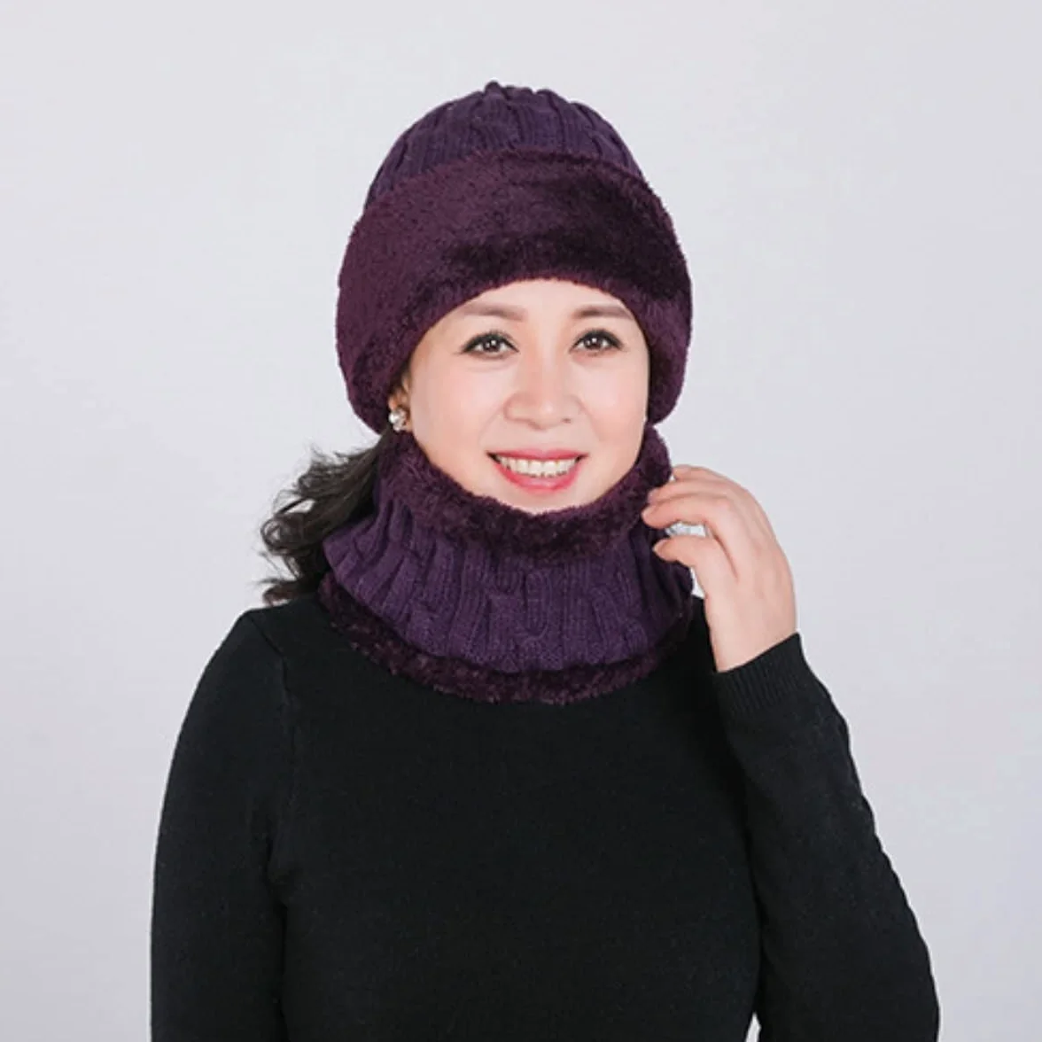 Gorro de Lana de Invierno con Forro Polar para Mujer, Conjunto de Bufanda de Punto, máscara, cálido, Suave y Holgado (Talla única)