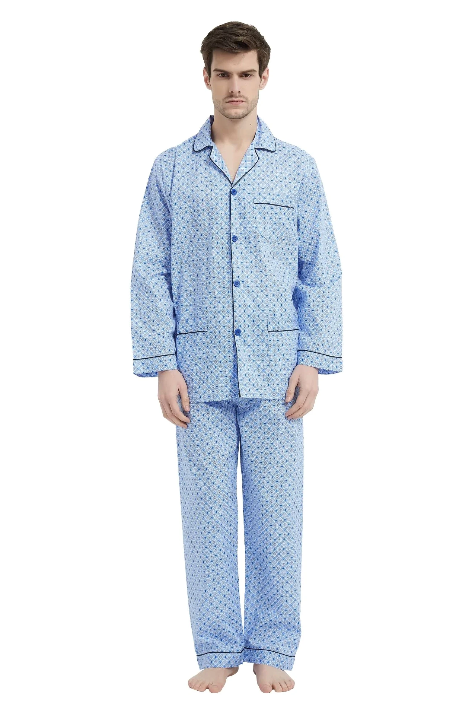 Amaxer Pijama de algodón de Manga Larga para Hombre, Amplio y cómodo, con Estampado de Rayas, Bolsillos y cordón de Ajuste