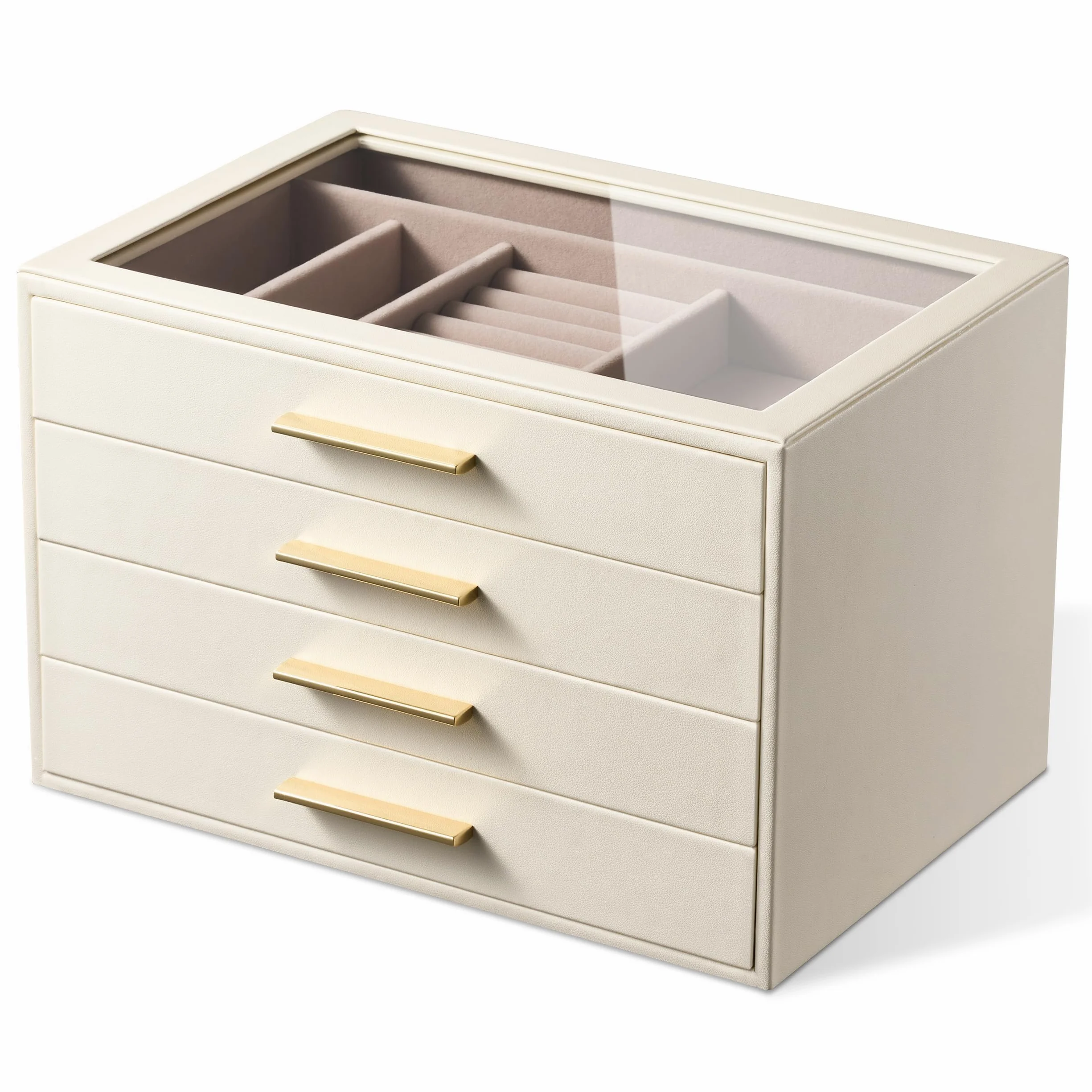 Joyero Organizador para con Ventana de Cristal, Caja Guardajoyas de 4 Capas | Cuero Blanco Marfil y Terciopelo Rosa - Estuche Organizador de Joyas para Anillos, Pendientes, Collares, Pulseras y Relojes,