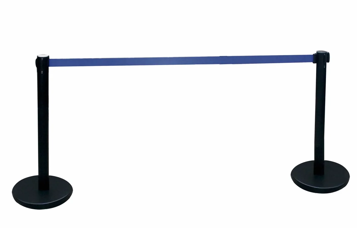 ADO Poste separador de hierro lacado negro con Cinta Extensible Azul 3m Delimitador de paso retráctil