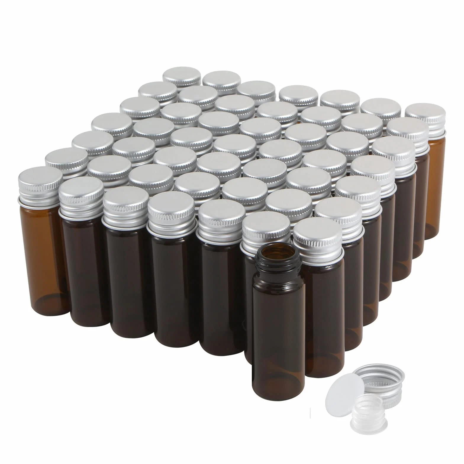 Ámbar Viales de Vidrio 15 ml con Tapones de Rosca y Tapas Interiores de Plástico, Vial de Muestra de Líquido Marrón Pequeño, 50 Unidades