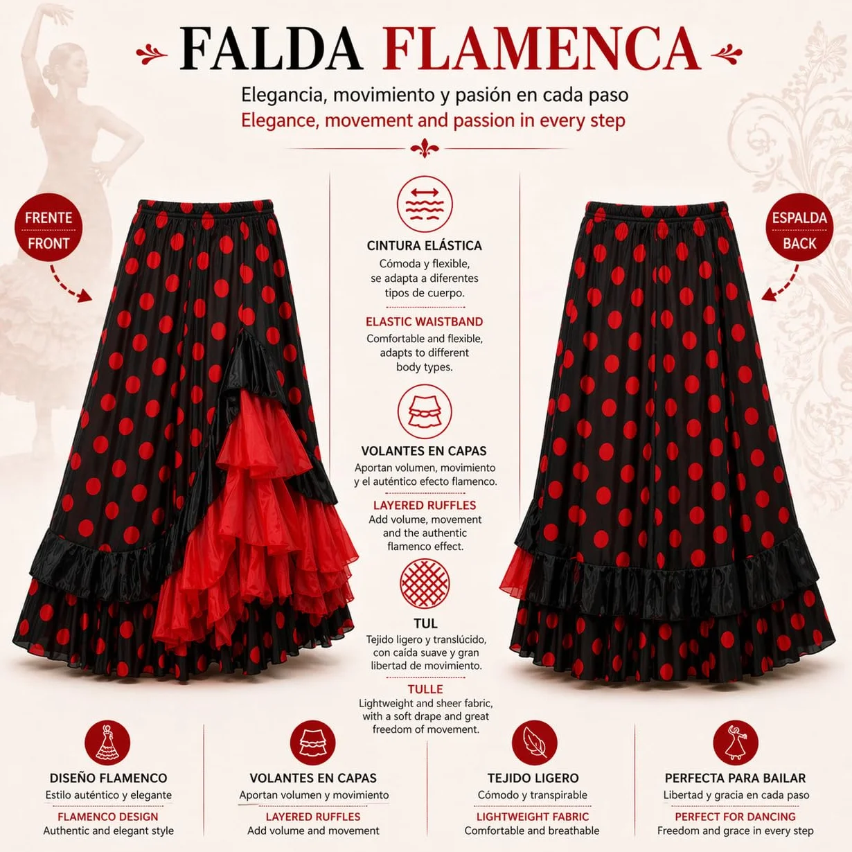 Carnavalife Falda Flamenca Baile sevillanas, Falda de Baile Flamenco, Volantes en Capas diseño asimétrico, Traje Feria, romería, espectáculo