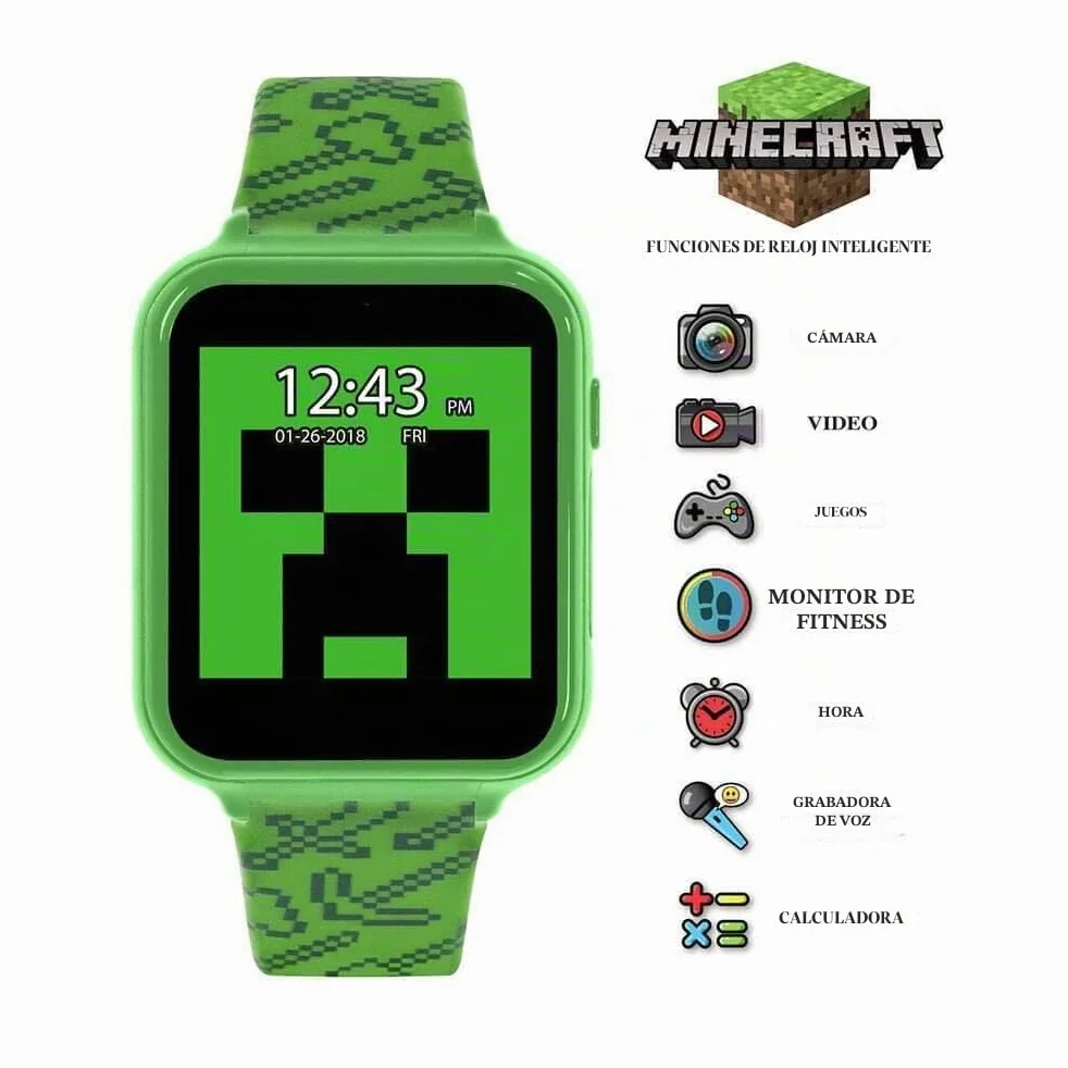 Minecraft Reloj Inteligente con cámara MIN4045ARG Verde Correa, Verde, Moderno