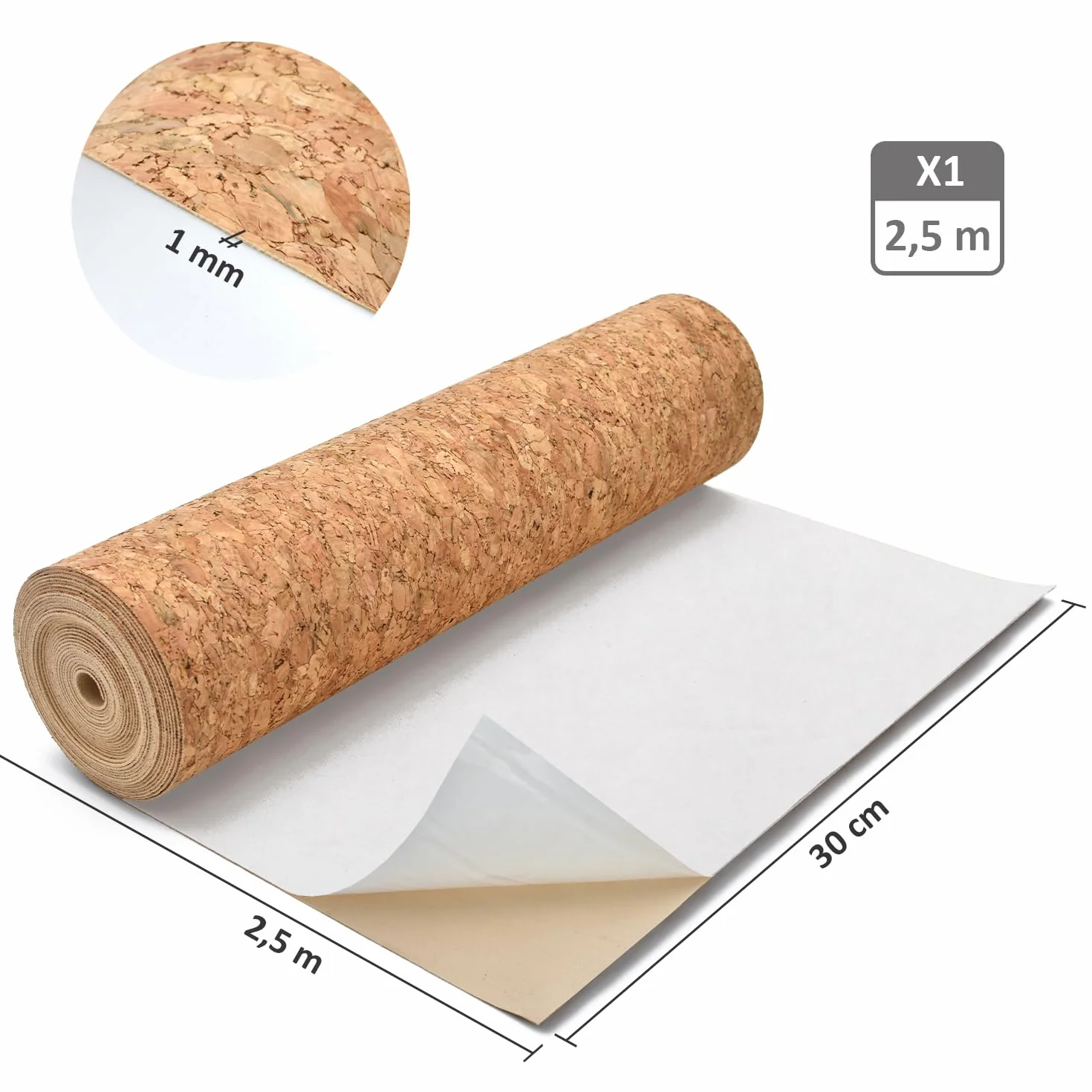 Rollo de Corcho Adhesivo 2,5m x 30cm x 1mm para Interiorismo y Bricolaje