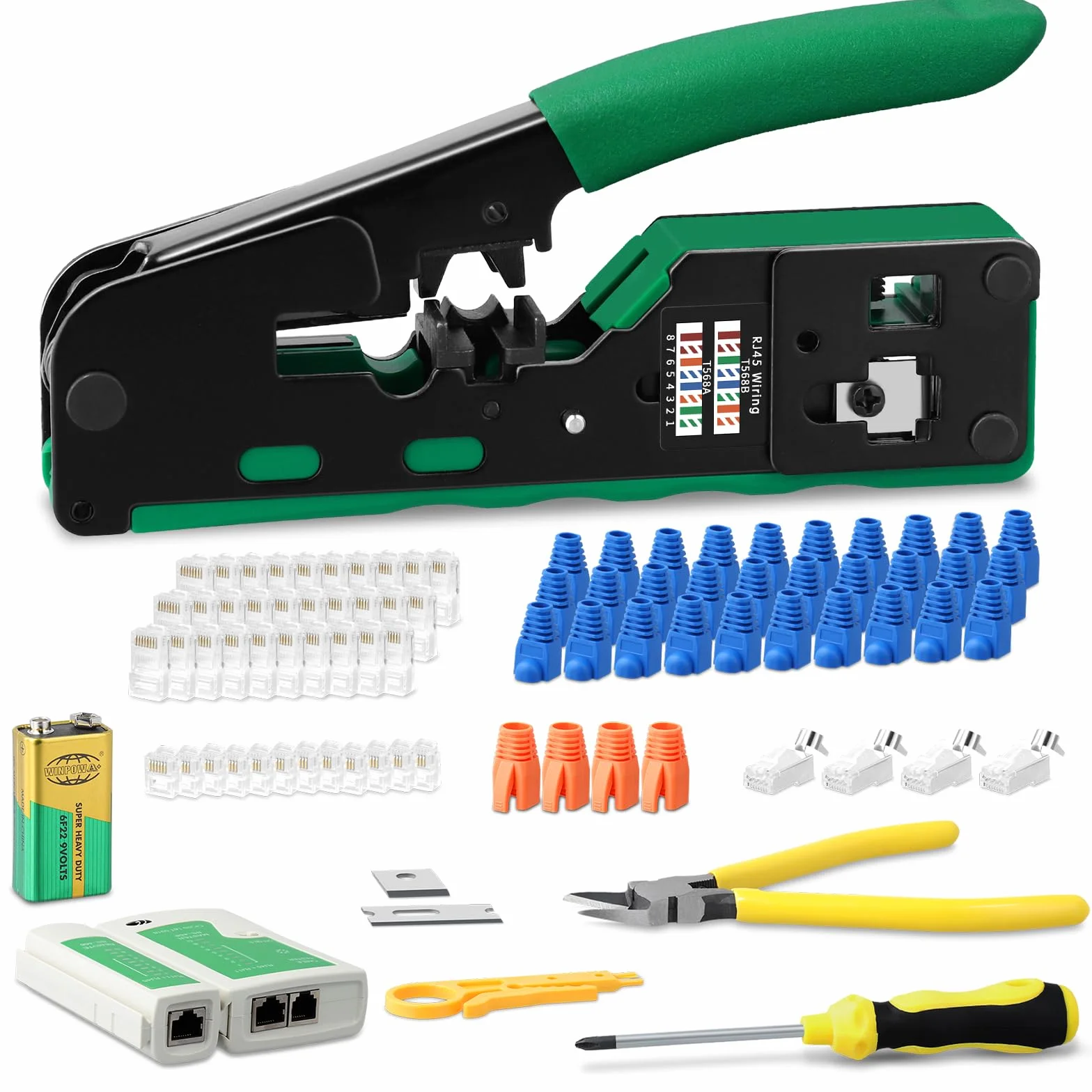 Kit de herramientas de red RJ45 con conectores Cat7/6a, CAT.5/5e/6, RJ11/RJ12 y probador