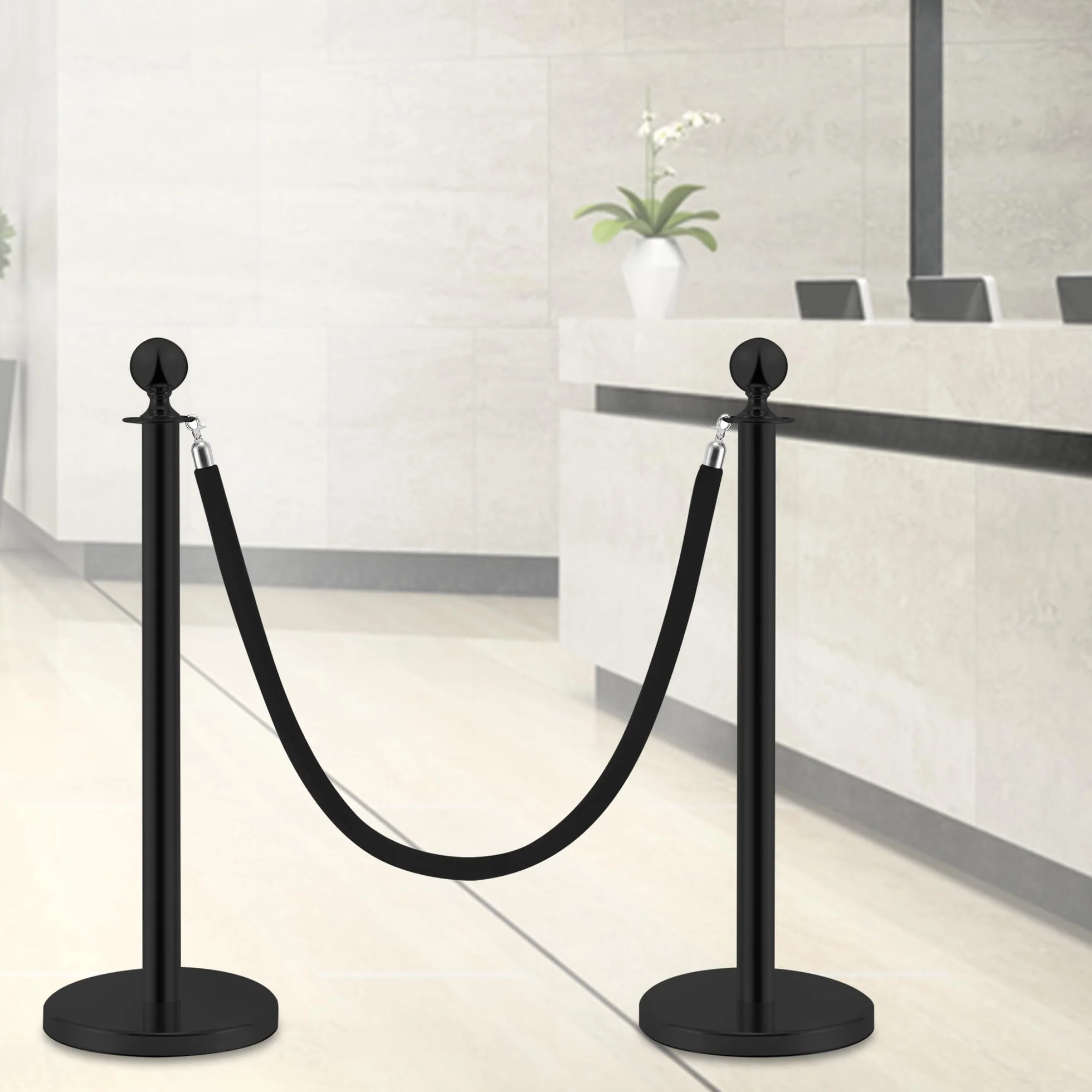 Postes Separadores de Acero Inoxidable Negro 90 cm 2 Piezas con Cuerda de Terciopelo 1,5 m Control de Multitudes