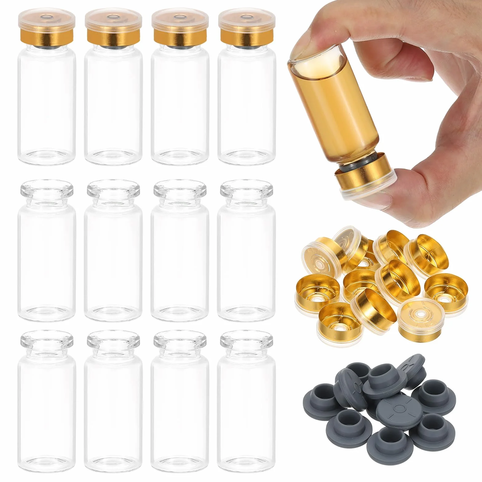 PATIKIL 12 Piezas Viales Muestra Vidrio Borosilicato Transparente 10 ml Tapa Aluminio Plástico Tapón Goma Almacenamiento Sólidos