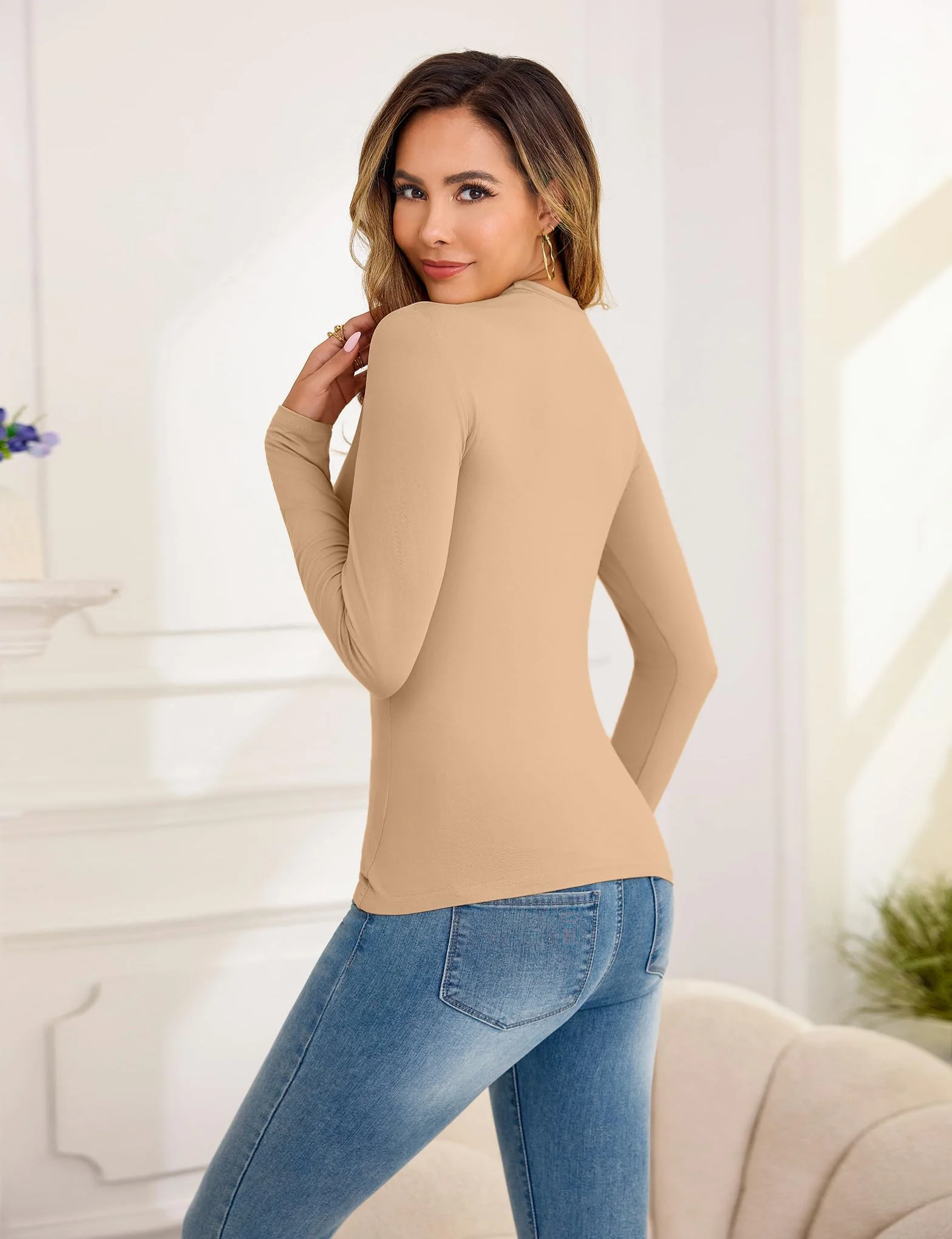 Aottori Camiseta Cuello Redondo Mujer Manga Larga Básica Tops Elástica Ajustada Ligera Ropa Interior Térmica Suave Cálida para Otoño Invierno Primavera