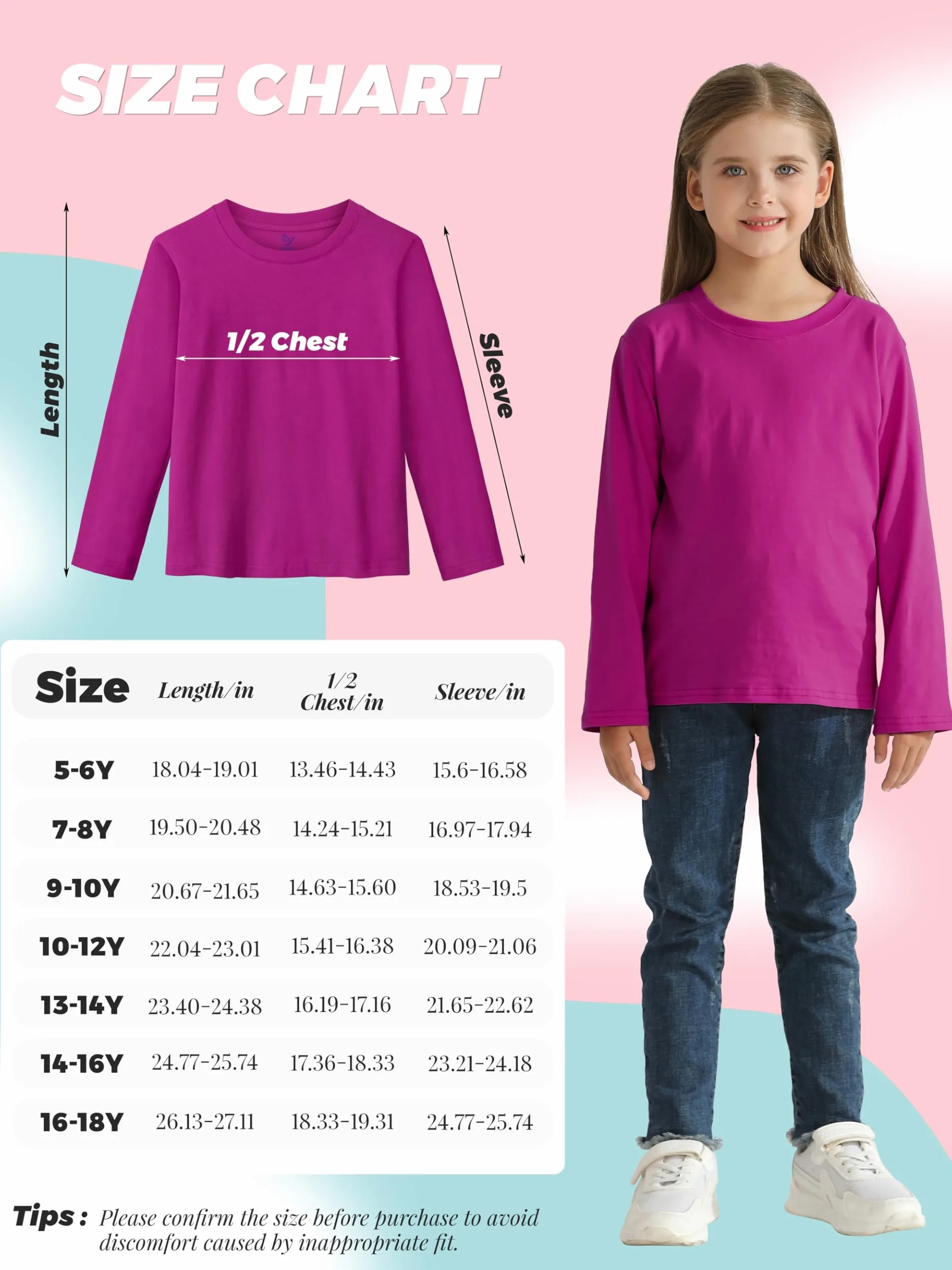 HoeVou Paquete de 4 camisetas de manga larga para niñas, de algodón suave, camisetas básicas sin etiquetas, para adolescentes y jóvenes