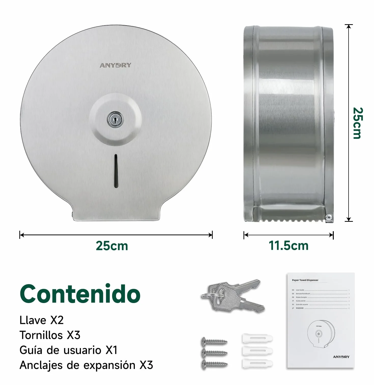 Dispensador de Toallas de Papel Acero Inoxidable Montaje en Pared anydry 5182