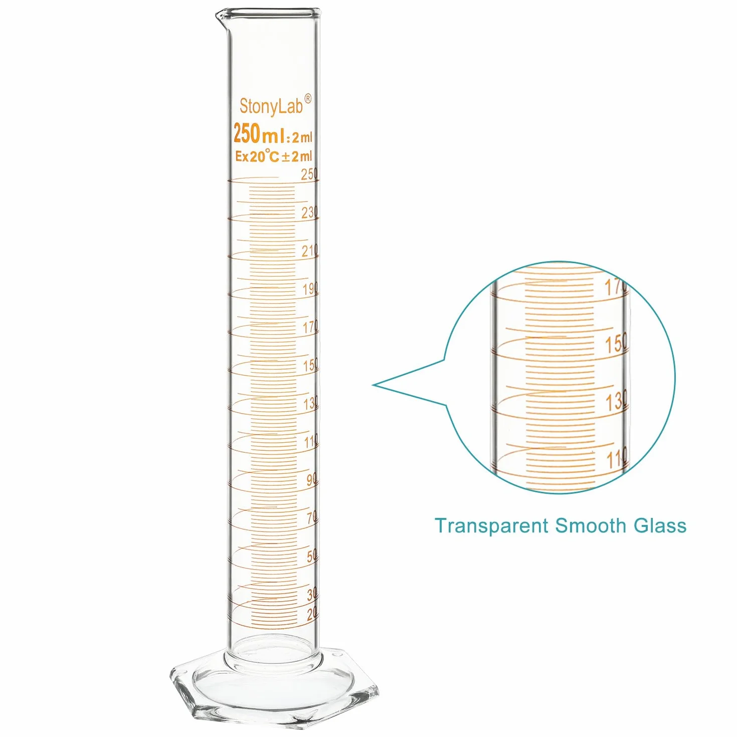 Cilindro Graduado de Vidrio de Borosilicato 250 ml, Paquete de 2 con Base Hexagonal