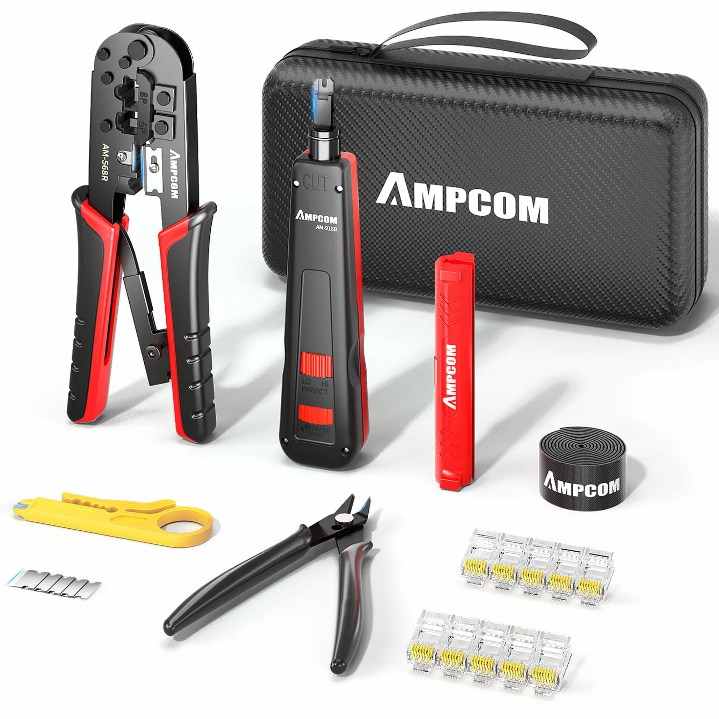 AMP COM 7 en 1 Kit de herramientas RJ45/RJ11 para conectores Cat6/Cat5e/Cat5 y pelacables de perforación 110 en bolsa impermeable