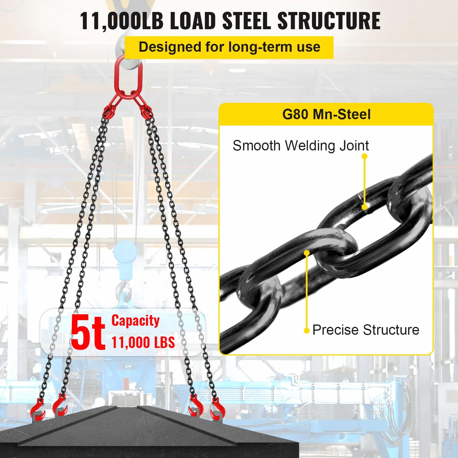 VEVOR Cadenas de Elevación de 4 Patas G80 Acero Aleado 3 m 8 mm 5 t