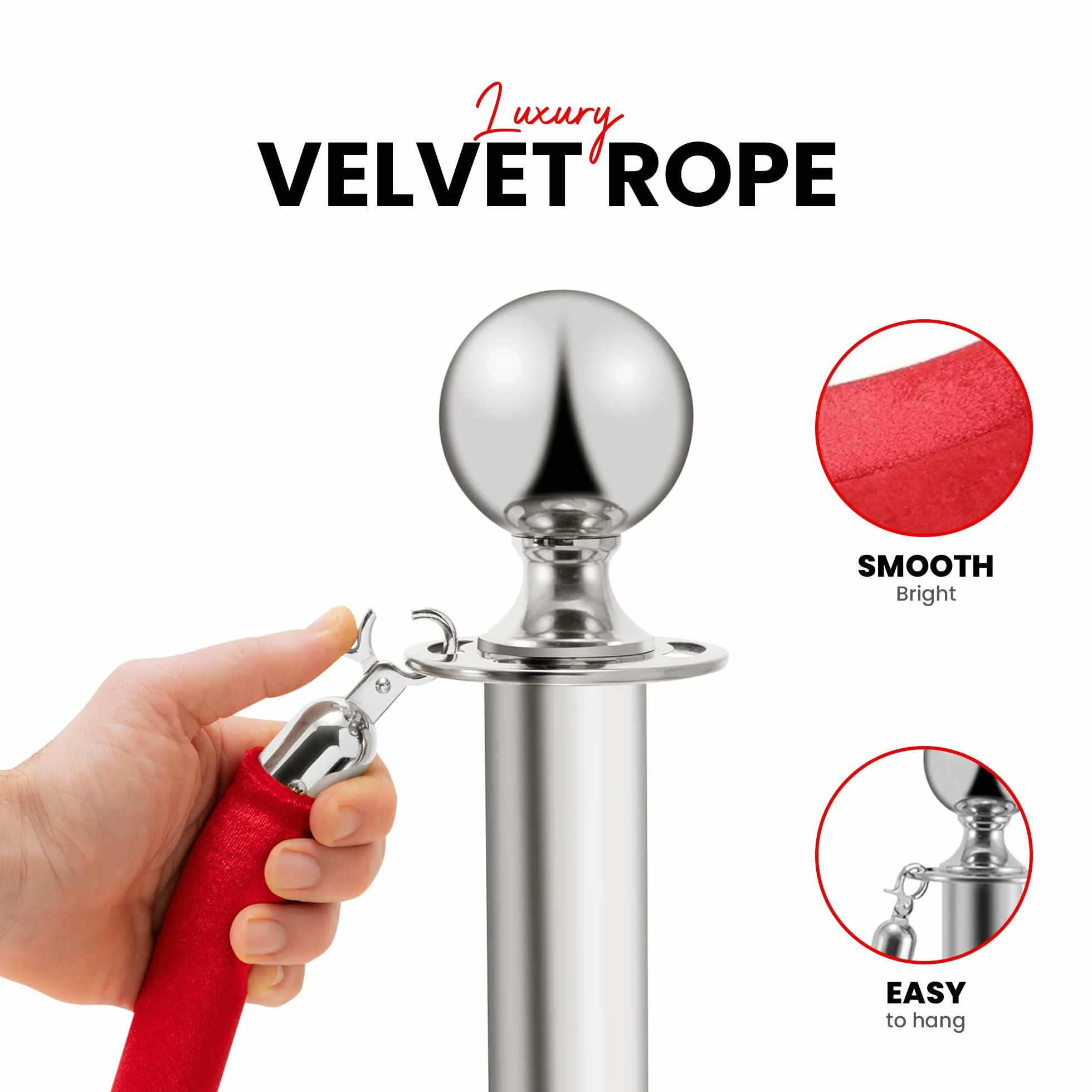 Postes Separadores de Acero Inoxidable 90 cm, 2 Piezas, Cuerda de Terciopelo Rojo 1,5 m, Control de Multitudes