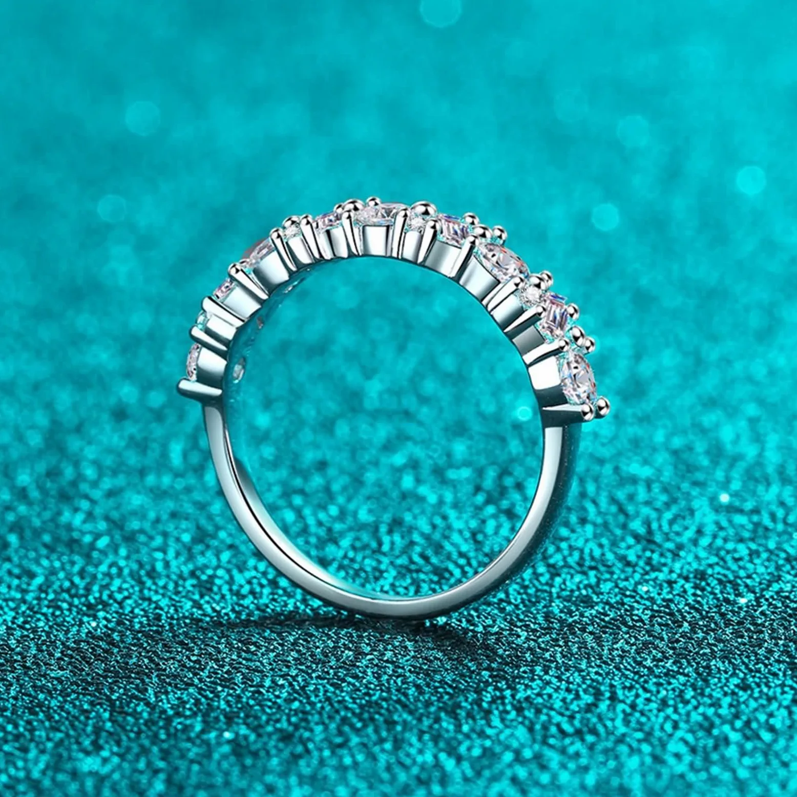 Anillos de Alianza Oro Blanco para Mujer 9 Kilates / 14 Kilates / 18 Kilates, Media Eternidad con Diamante Creado de 0,9ct, Anillo Plata Boda Mujer