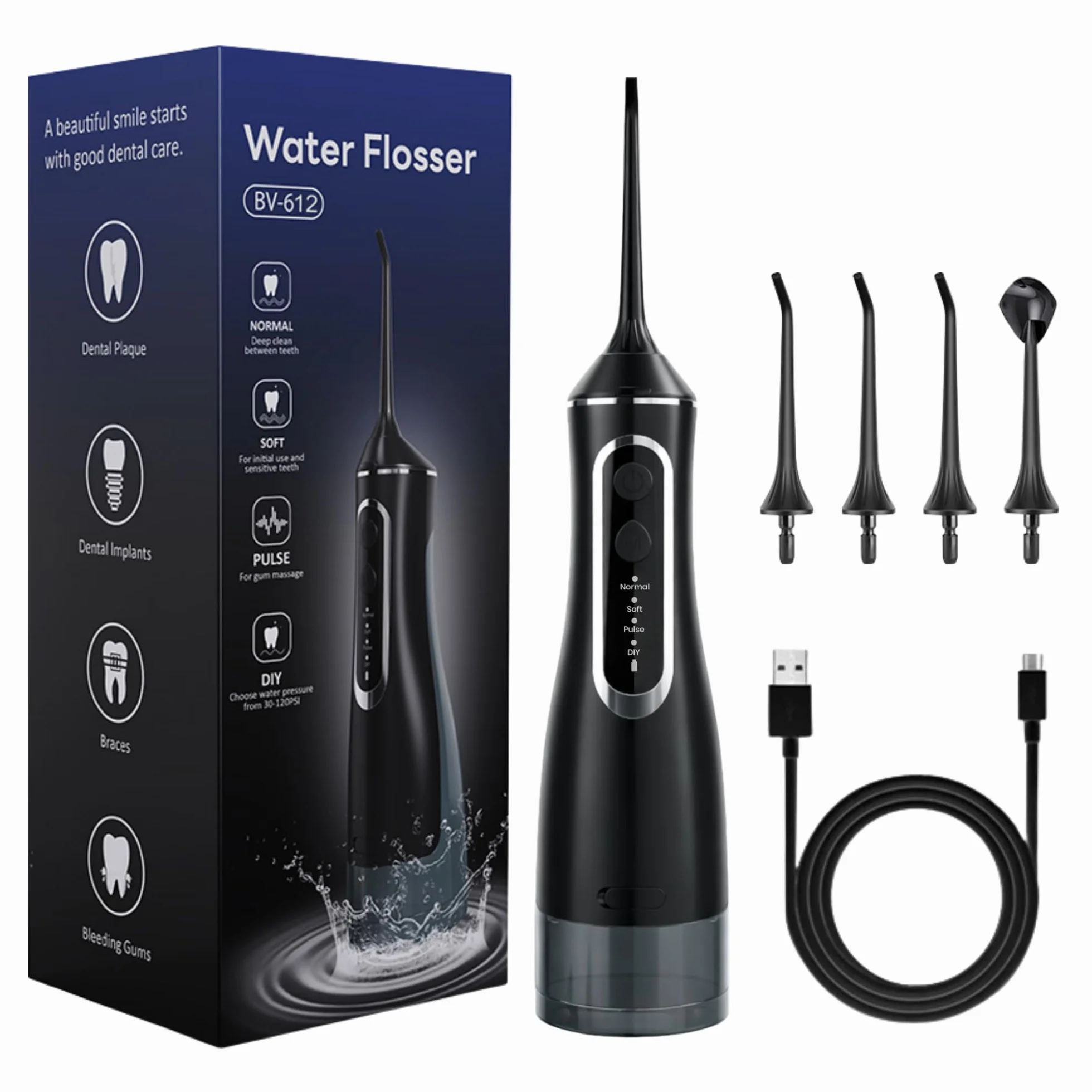 BeFit Water Flosser Portatil 320ml IPX8 4 Modos 120PSI 1400-1800/min Batería Recargable USB 1200 mAh