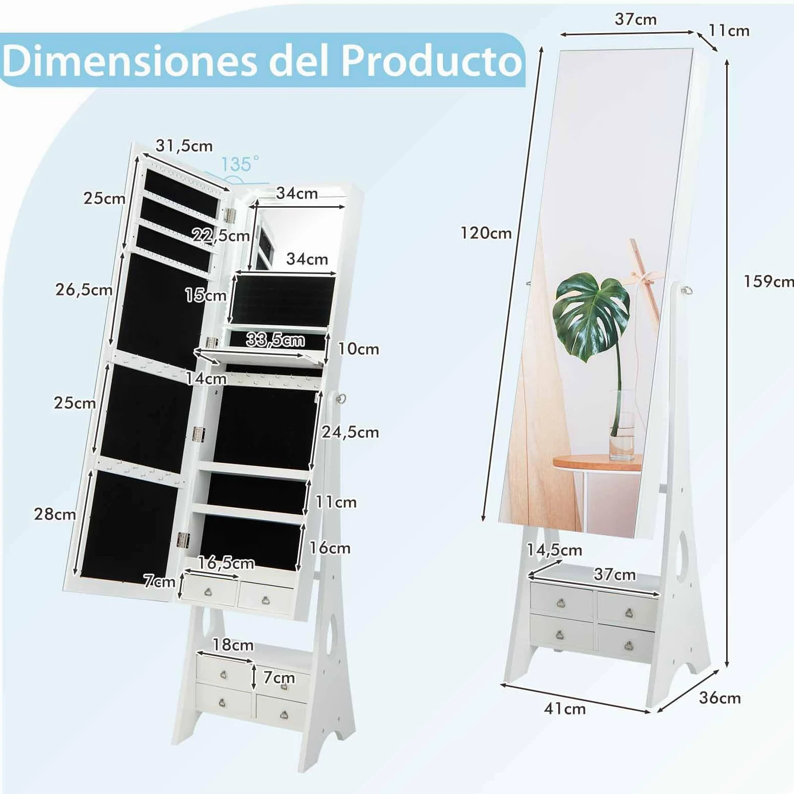 COSTWAY Armario para Joyas con Espejo, Espejo joyero con Luces LED, Estante de Maquillaje, Ángulos de Inclinación Ajustables y Gran Capacidad de Almacenamiento, Armario Joyero (Blanco)