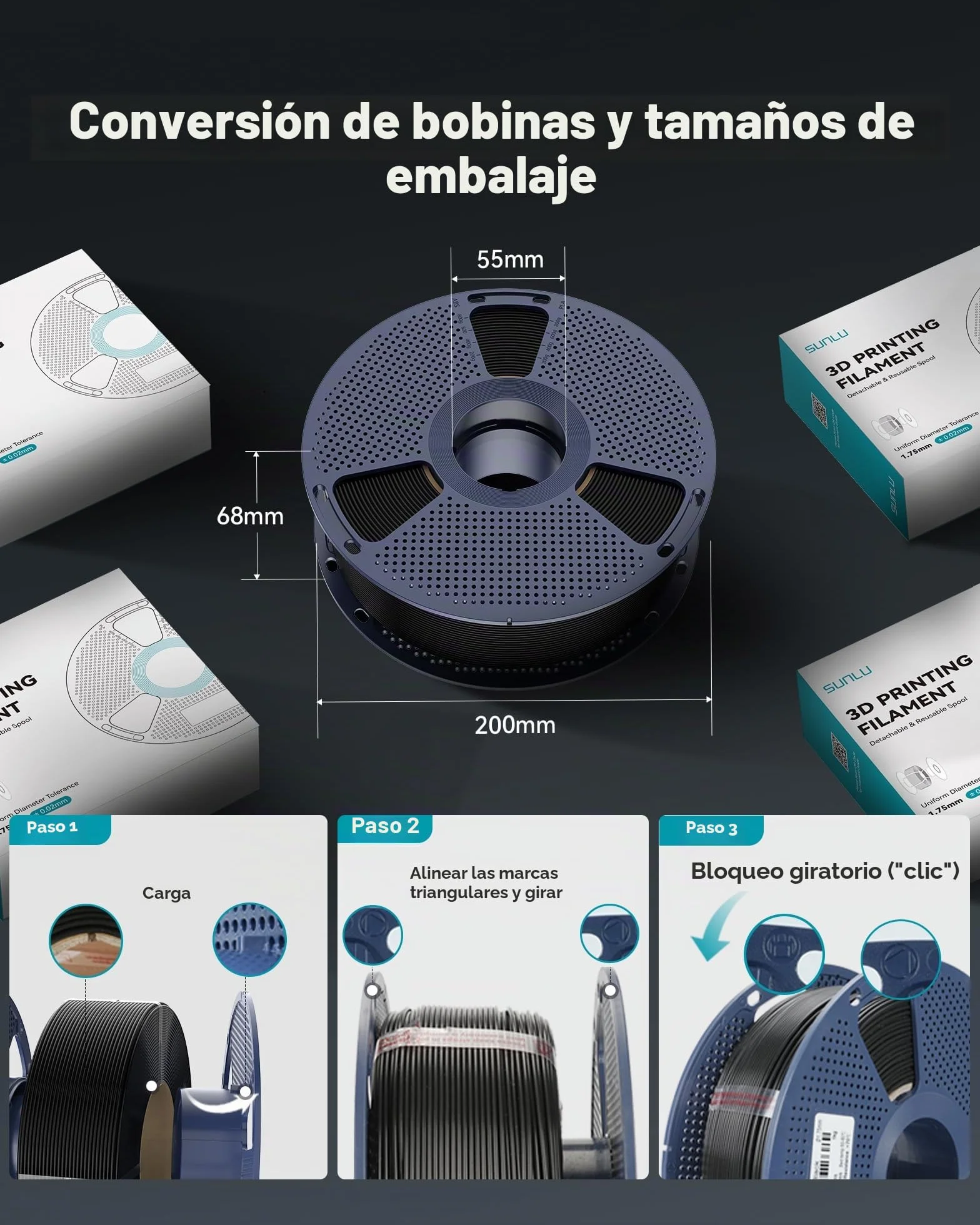 SUNLU PETG Filament 1.75 mm, Filamento para Impresora 3D, Negro, Bobina de 1 kg