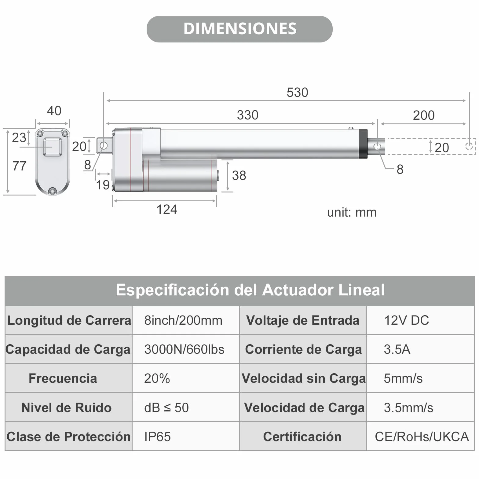 Justech Motor Actuador Lineal 250mm 12V DC 1500N 10mm/s IP65 Impermeable Aluminio Plateado