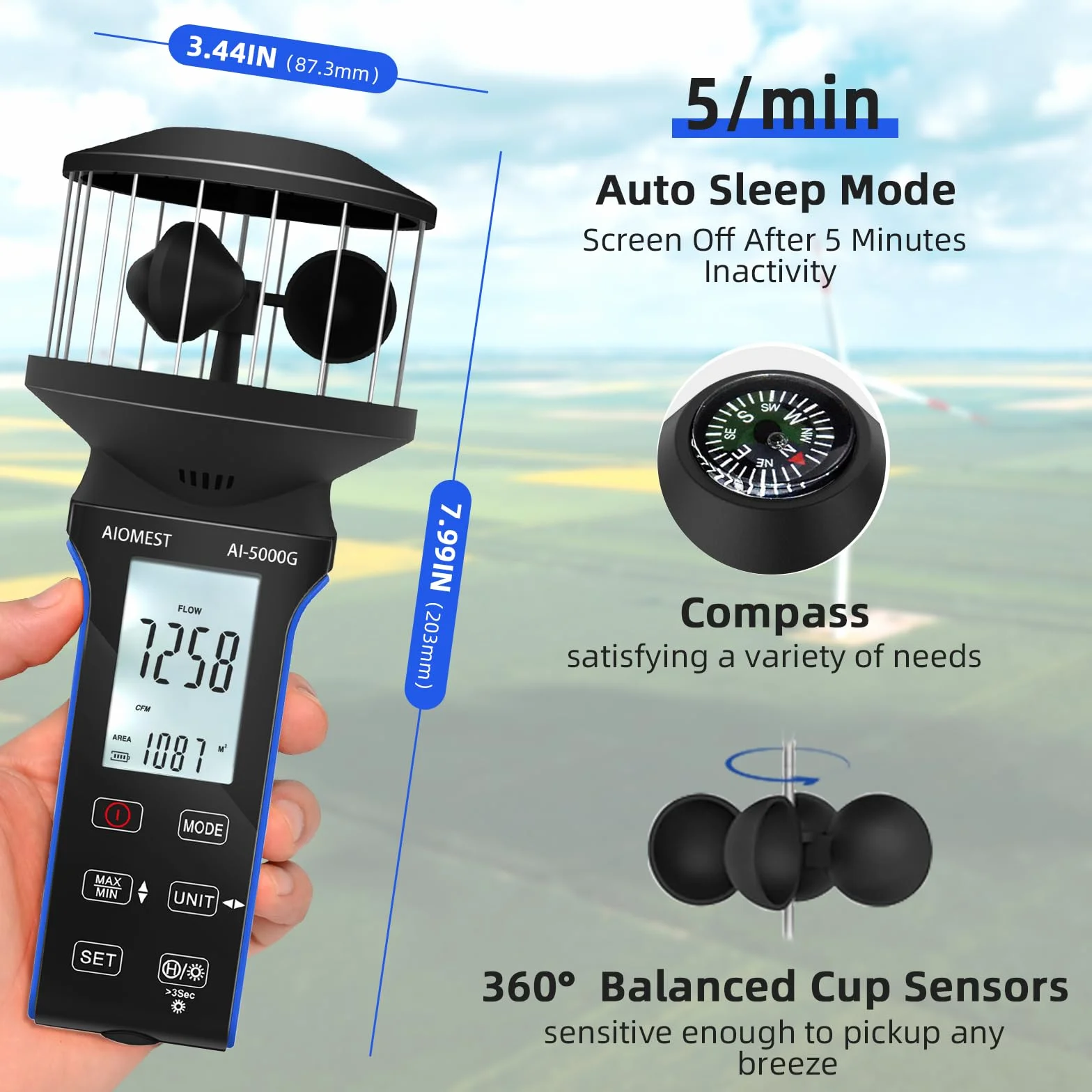 Anemómetro Digital Medidor de Caudal de Aire, AIOMEST Mano Sensor Viento 360°, m³/min