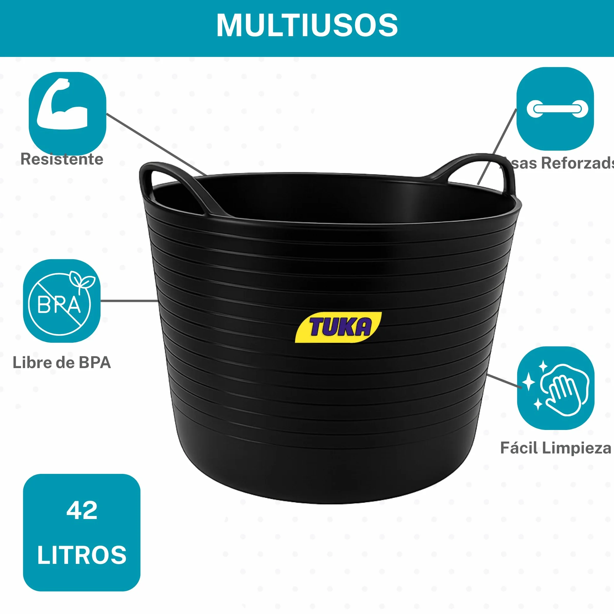 TUKA Pack de 2 Capazos de Plástico 42L Negro Profesional Resistente Multiusos