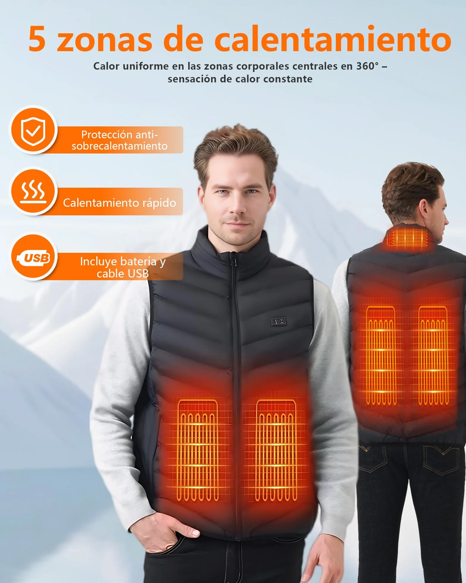 Chaleco Calefactable Hombre con Batería De 10000 mAh, 3 Temperaturas, 5 Zonas de Calentamiento, Chaqueta Calefactable con Carga USB, para Esquí, Motociclismo, Senderismo y Pesca