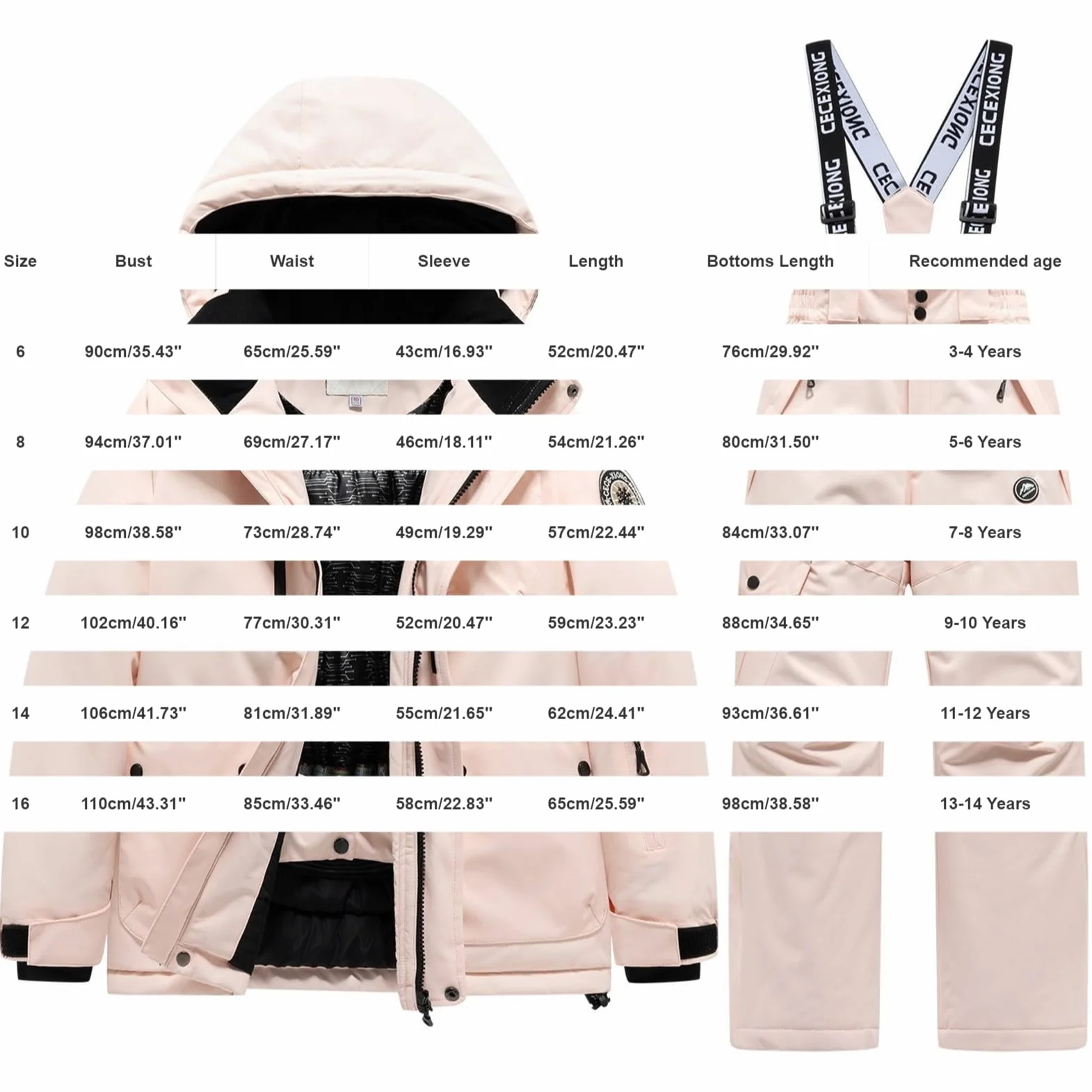Traje de nieve impermeable para niñas, chaqueta de invierno y pantalones de esquí, 2 piezas, abrigo cálido con overol, conjunto de traje de nieve para niños de 3 a 14 años