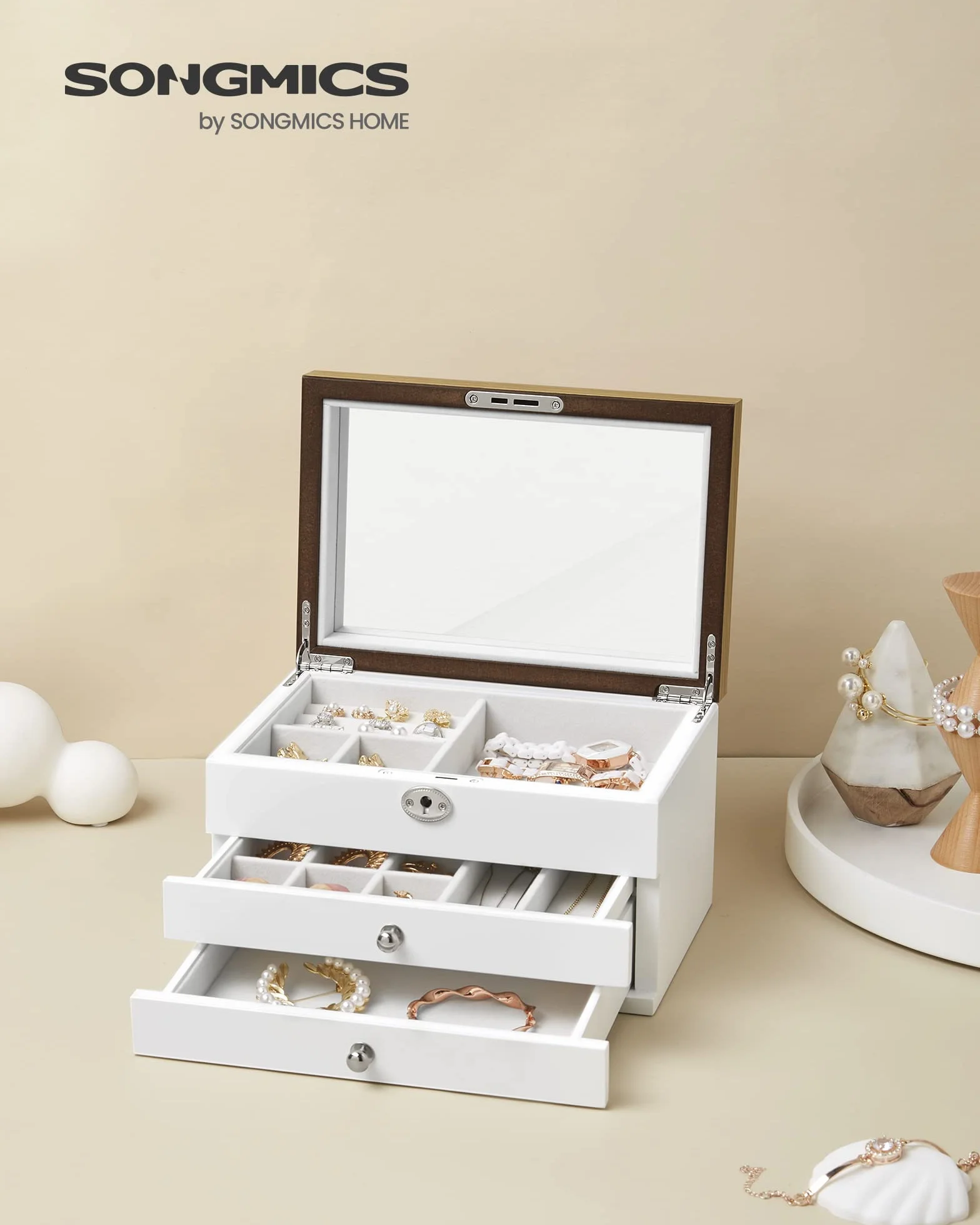 SONGMICS Caja Joyero, Caja de Joyas de 3 Niveles con Espejo Grande, 2 Cajones, Cerradura, Regalo para Seres Queridos, para Anillos, Pendientes, Pulseras, Collares, Blanco y Grano de Madera JOW15WN