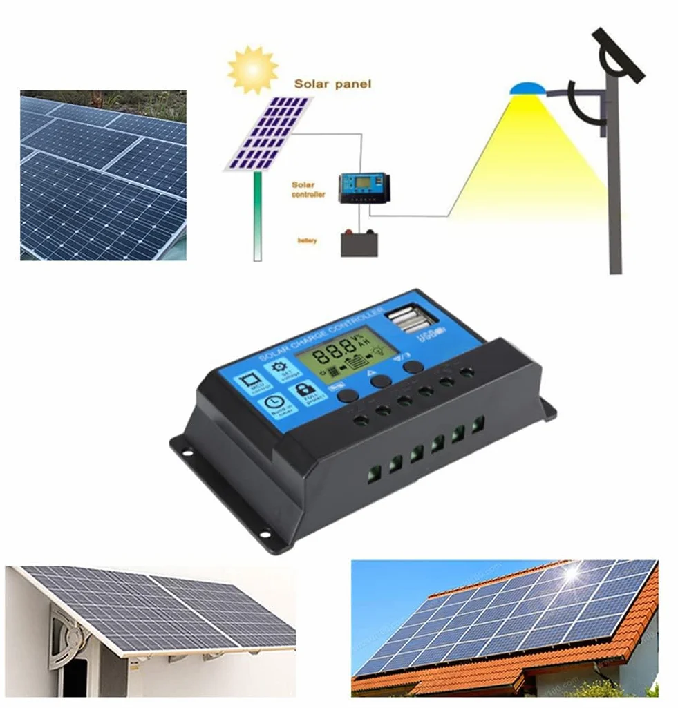 Controlador de Carga Solar PWM 30A 12V/24V Inteligente con Pantalla LCD y Puerto USB