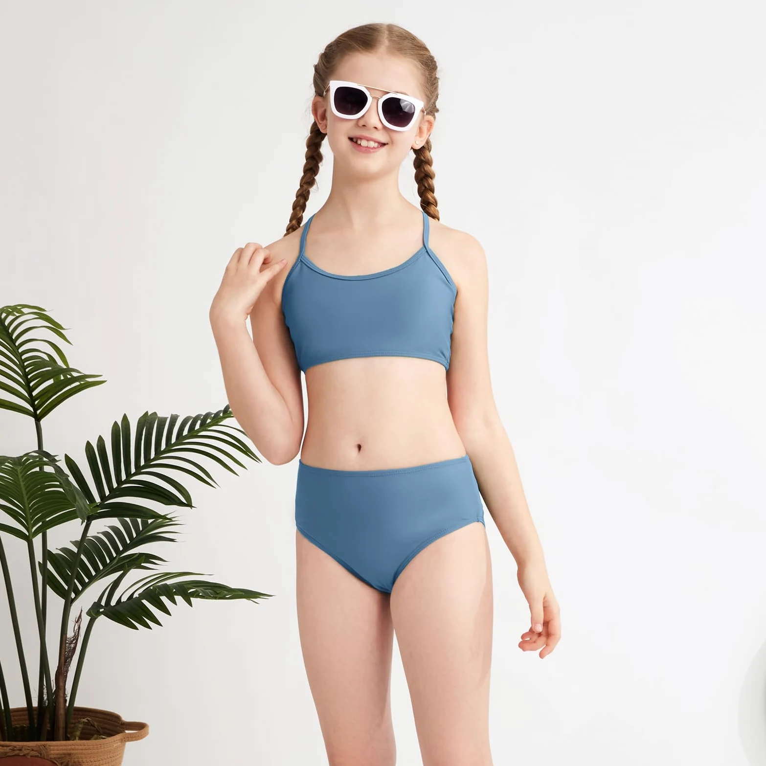 Traje de baño de 3 piezas para niñas, conjunto de bikini sólido con pantalones cortos deportivos estampados para niñas de 9 a 16 años