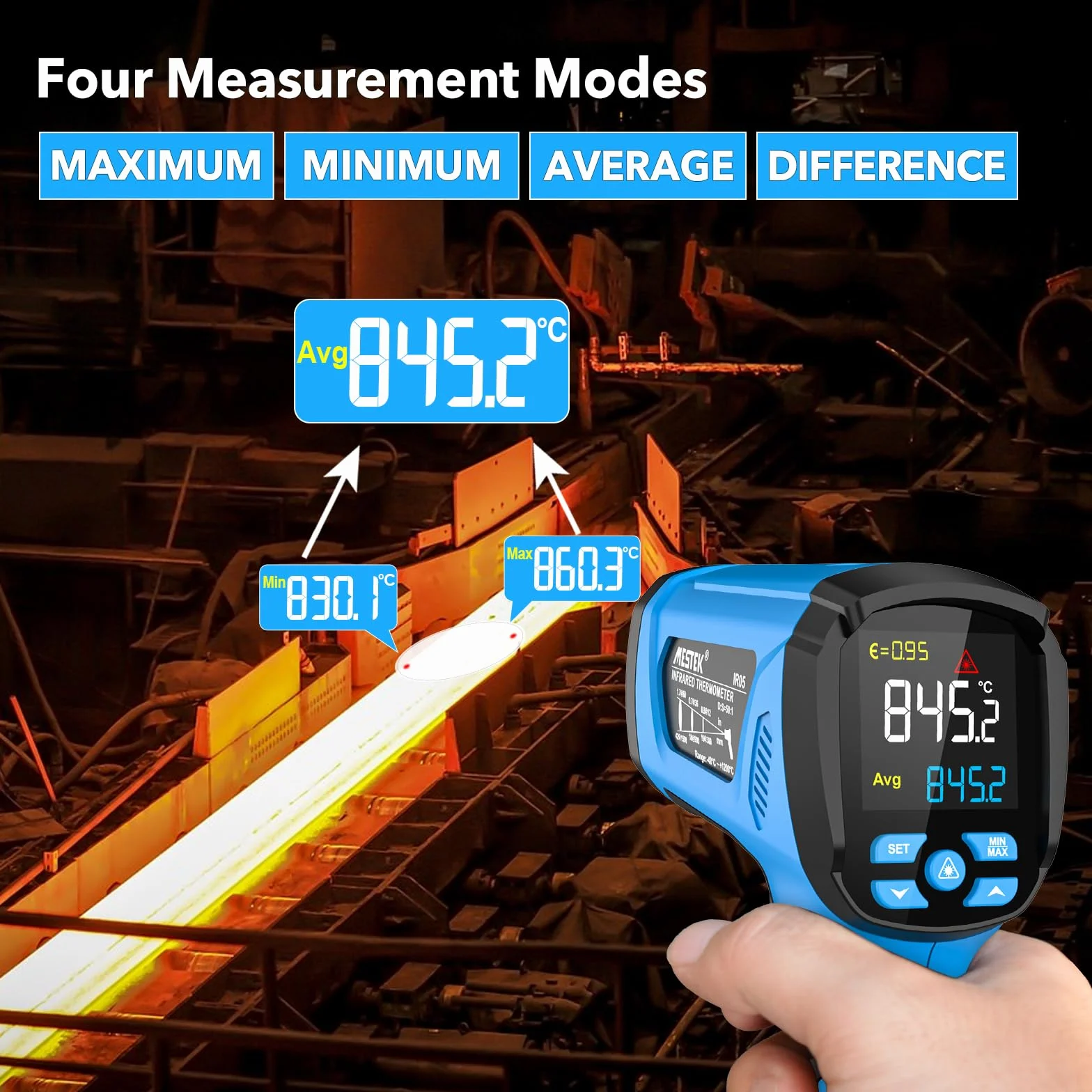 Termómetro Infrarrojos MESTEK -40~1600℃ Medidor de Temperatura Sin Contacto con Emisividad Ajustable