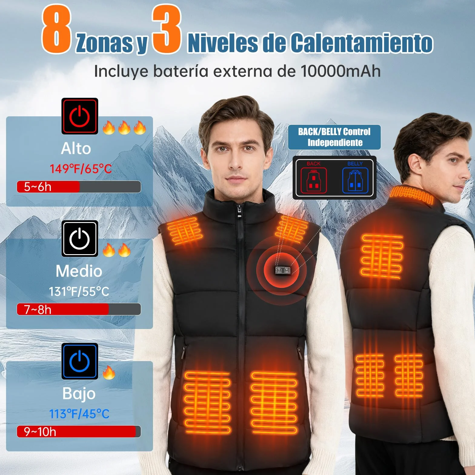 Chaleco Calefactable Hombre con Batería 7.4V 10000mAh, Deepoter Chaleco Térmico Eléctrico 8 Zonas Calefactables, 3 Ajustes de Temperatura, Chaqueta Calefactable - Ideal para Deportes al Aire Libre (L)