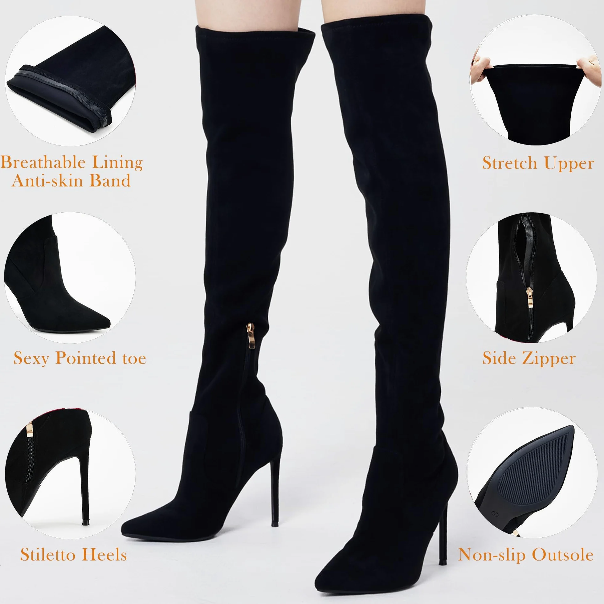 GENSHUO Botas por encima de la rodilla para mujer con tacón de gamuza, botas altas hasta el muslo, elásticas, sexy, puntiagudas, botas largas de aguja, Negro -, 43 EU