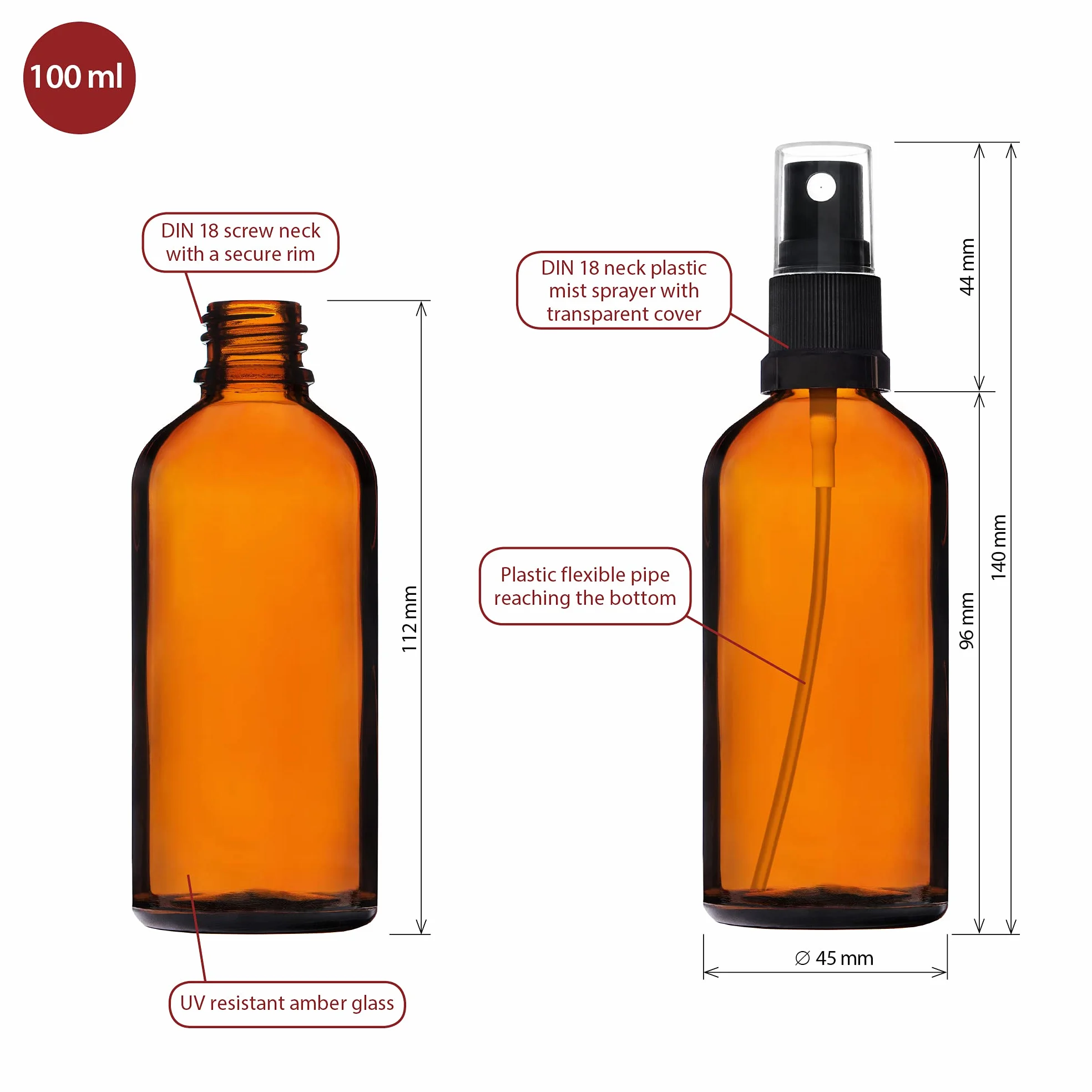 Botella de Vidrio Pulverizador 100ml 6 Piezas Ámbar con Atomizador Negro y 17 Accesorios
