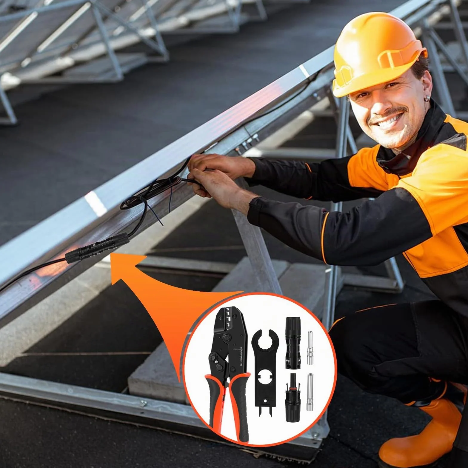Juego de Crimpadora Solar para Cable Fotovoltaico 10 mm² con Adaptadores y Conectores Macho/Hembra