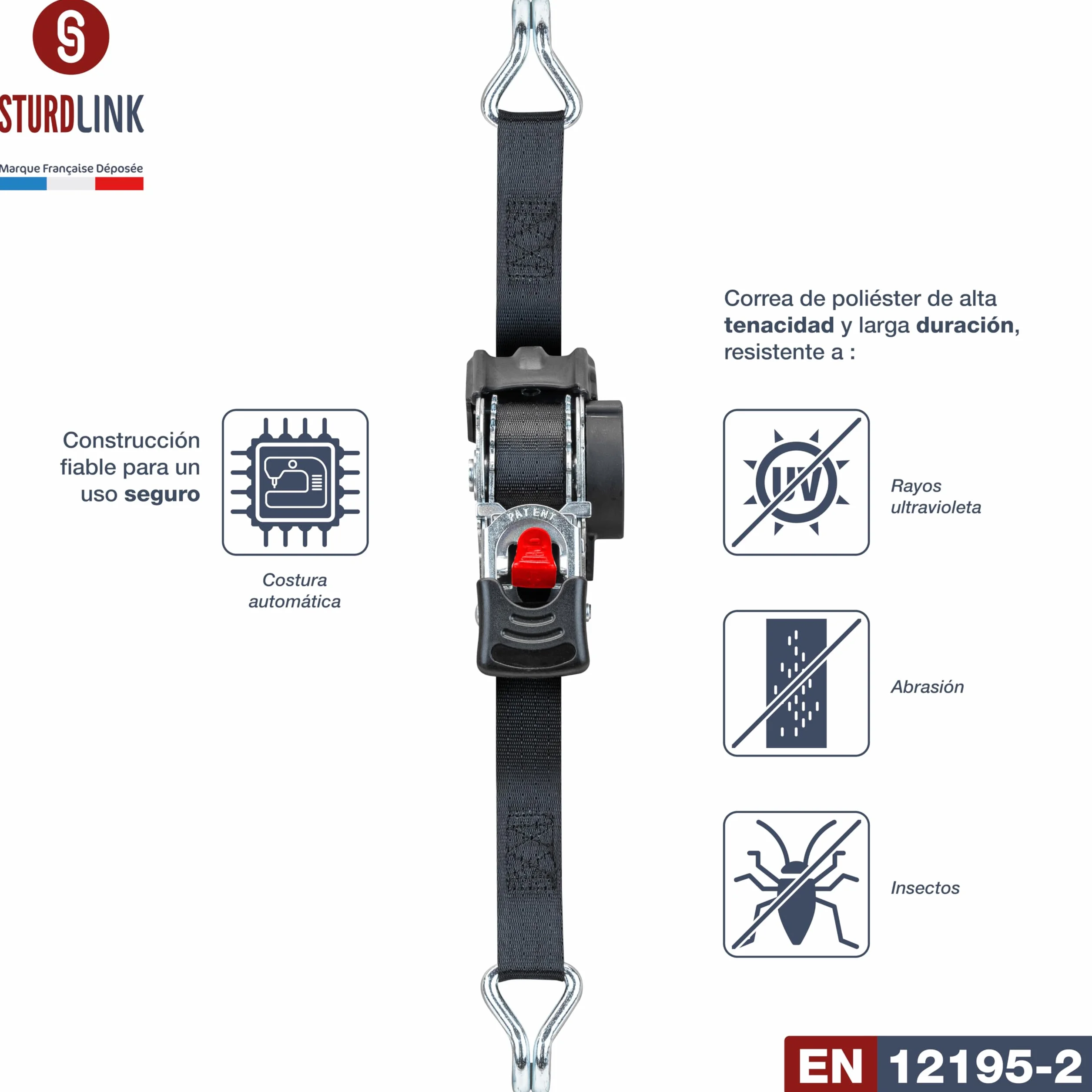 Cinchas de Amarre Carraca Autoenrollables 25mm 3m 300daN/600daN Ganchos Eslingas Trinquete Automatico x4 EN12195-2 Sturdlink®