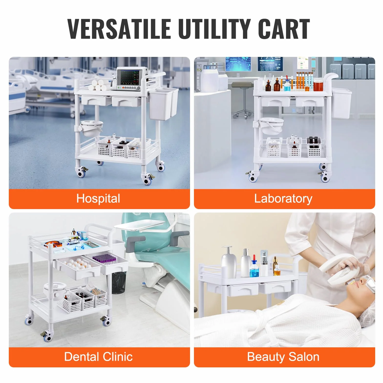 VEVOR Carro Médico 2 Niveles con 2 Bandejas 4 Ruedas Silenciosas Material PP 3 Botes de Basura Blanco